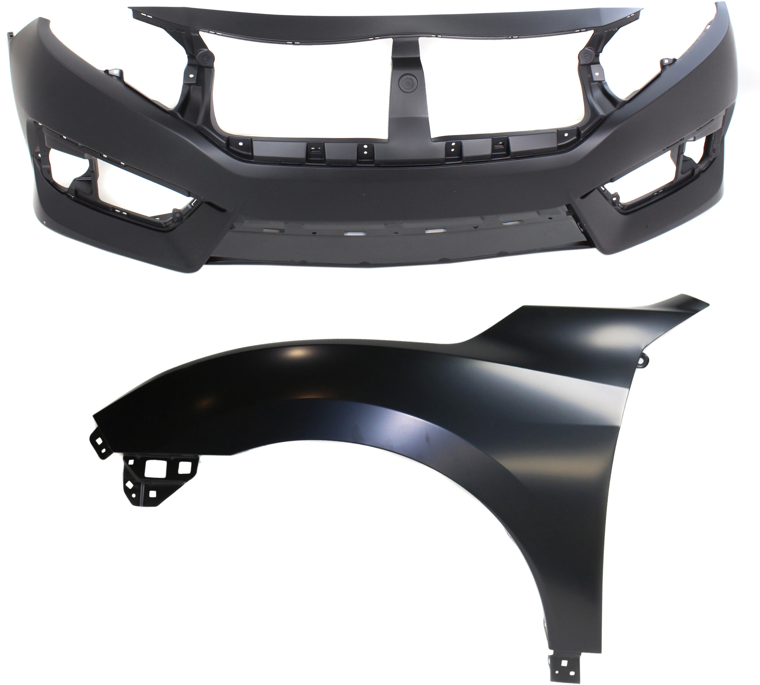 2-Piece Kit, Front Primed Bumper Cover, Except Hatchback and Si Model, Includes (1) Bumper Cover and (1) Fender