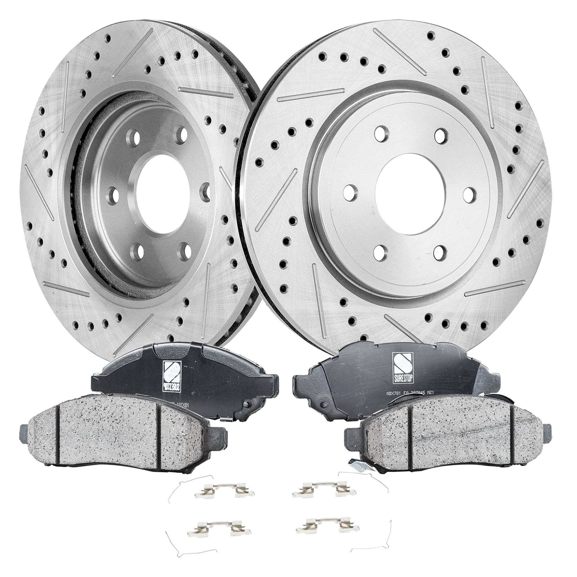 2-Wheel Set Front Brake Disc and Pad Kit, Cross-drilled and Slotted 6 Lugs 296 mm Ceramic Pro-Line Series, Includes (2)Brake Disc and (1)Brake Pad Set