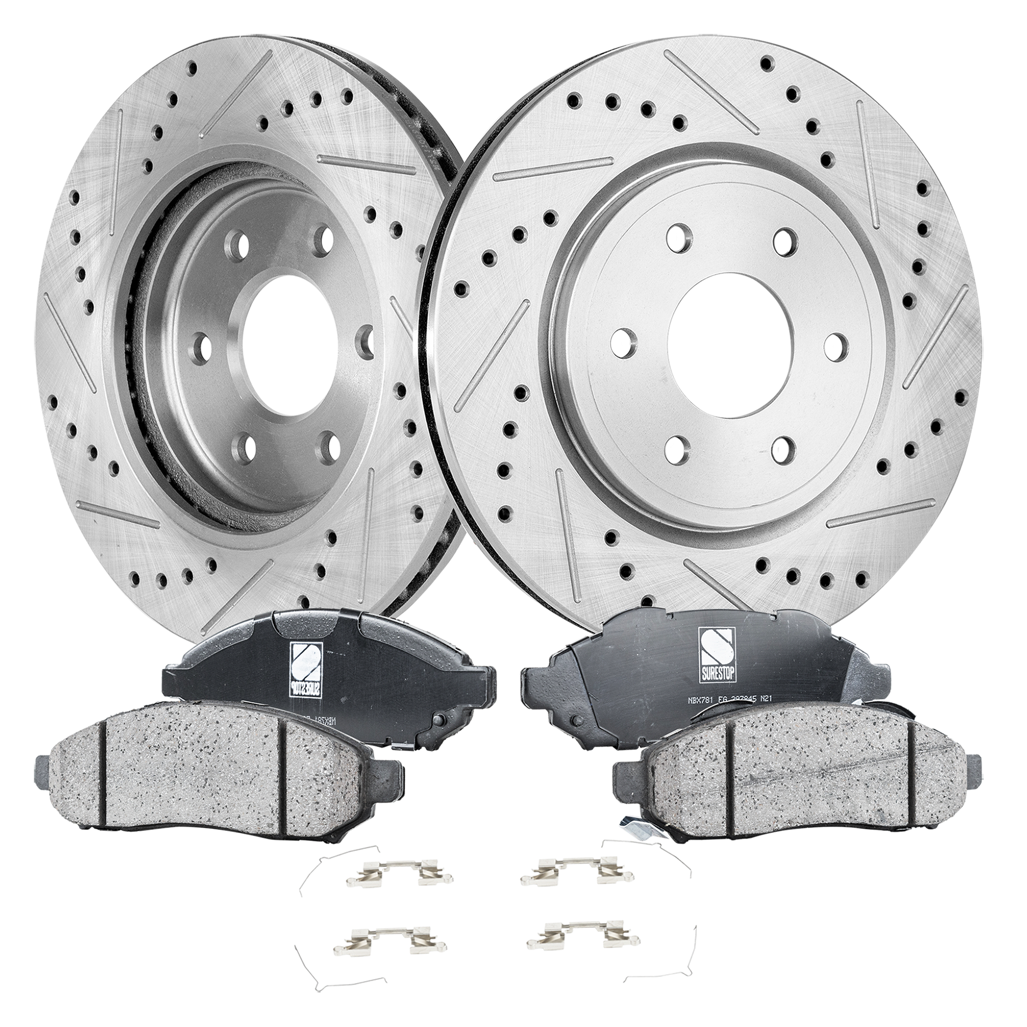 2-Wheel Set Front Brake Disc and Pad Kit, Cross-drilled and Slotted 6 Lugs 296 mm Ceramic Pro-Line Series, Includes (2)Brake Disc and (1)Brake Pad Set - Image 2