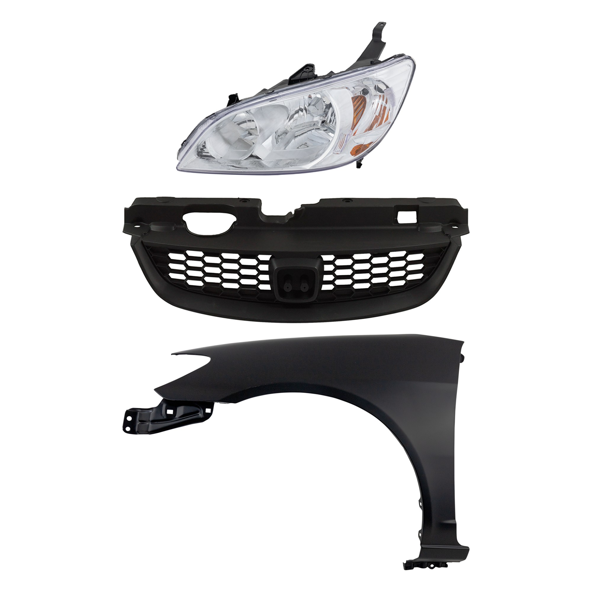 3-Piece Kit Driver Side Halogen Headlight, Without bulb(s), Coupe, Includes (1) Fender, (1) Grille Assembly, and (1) Headlight