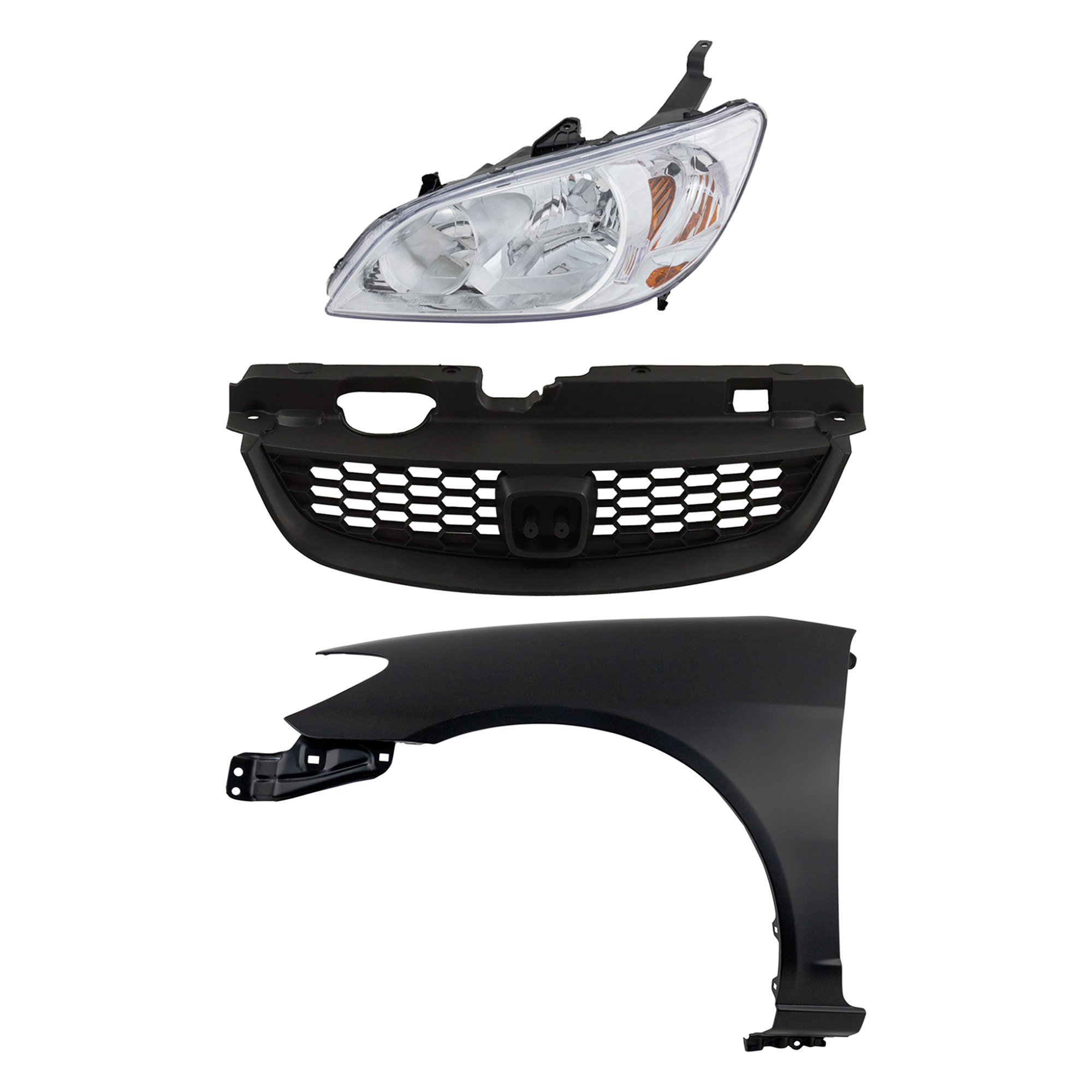 3-Piece Kit Driver Side Halogen Headlight, Without bulb(s), Coupe, Includes (1) Fender, (1) Grille Assembly, and (1) Headlight - Image 2