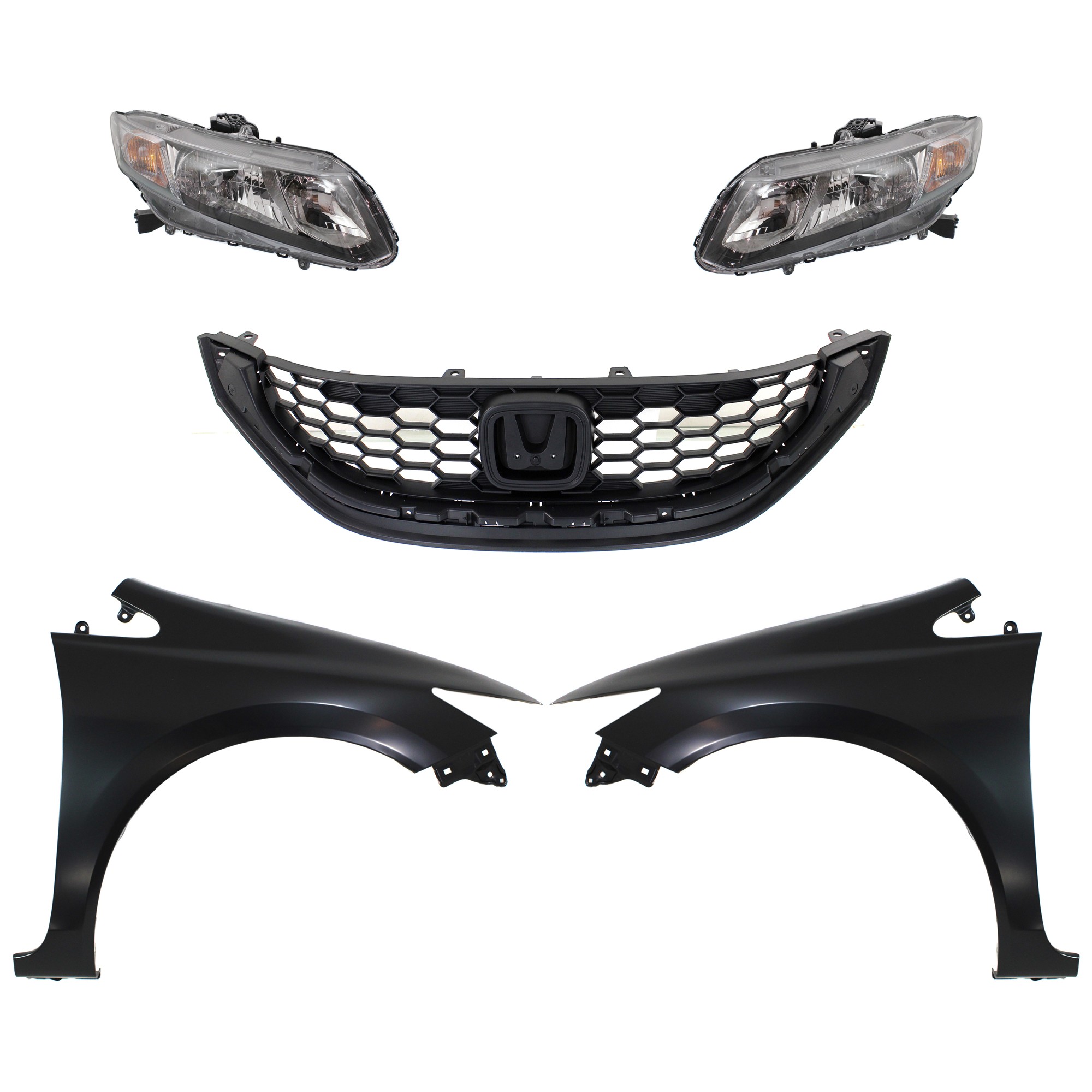 5-Piece Kit Driver and Passenger Side Halogen Headlight, With bulb(s), OE Replacement, HF/LX Models, Sedan, Includes (2) Fender, (1) Grille Assembly and (2) Headlight