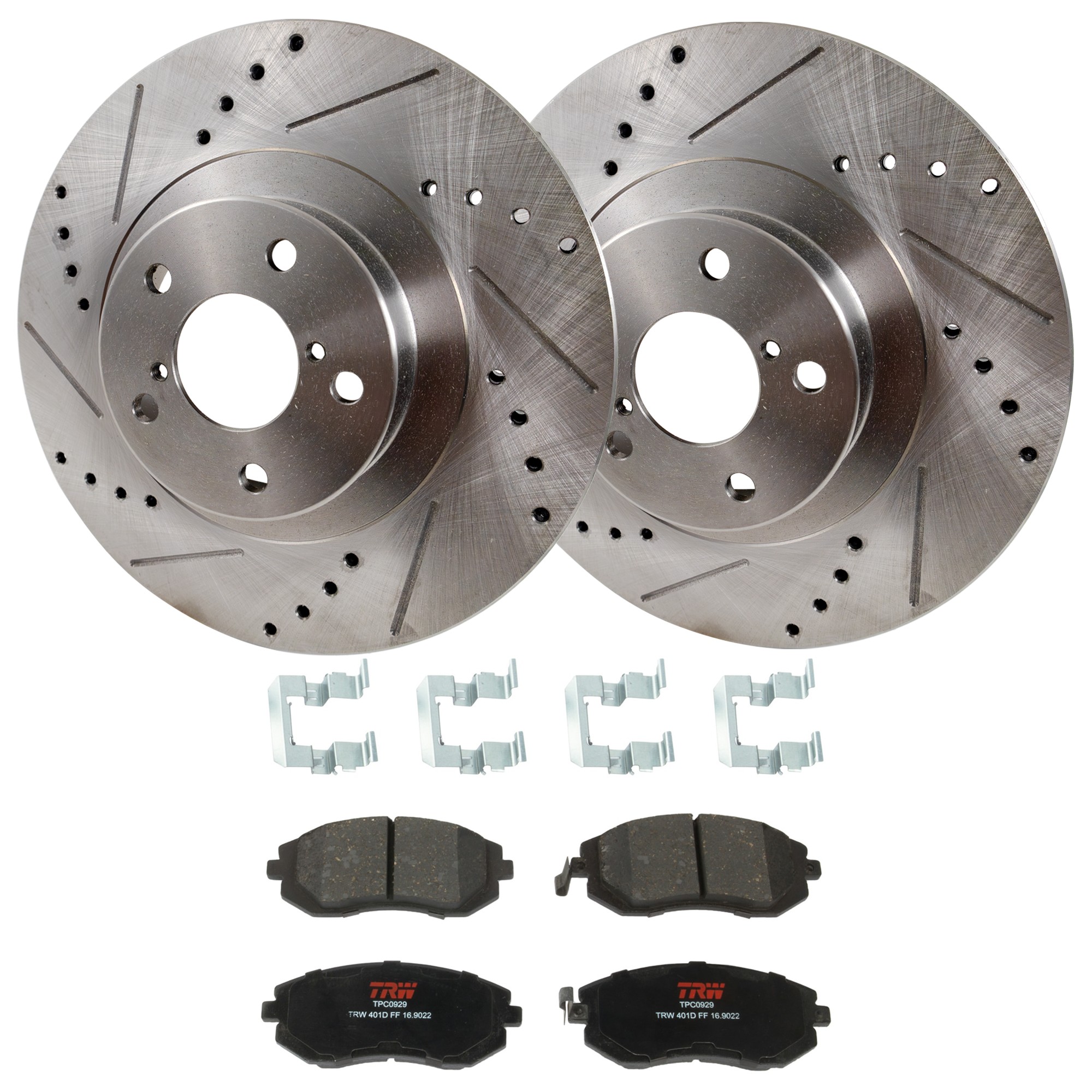 KIT-072924-4427 2-Wheel Set Front Brake Disc and Pad Kit, Cross-drilled and Slotted 5 Lugs 293.62 mm Ceramic, Includes (1) Brake Pad Set and (2) Brake Disc