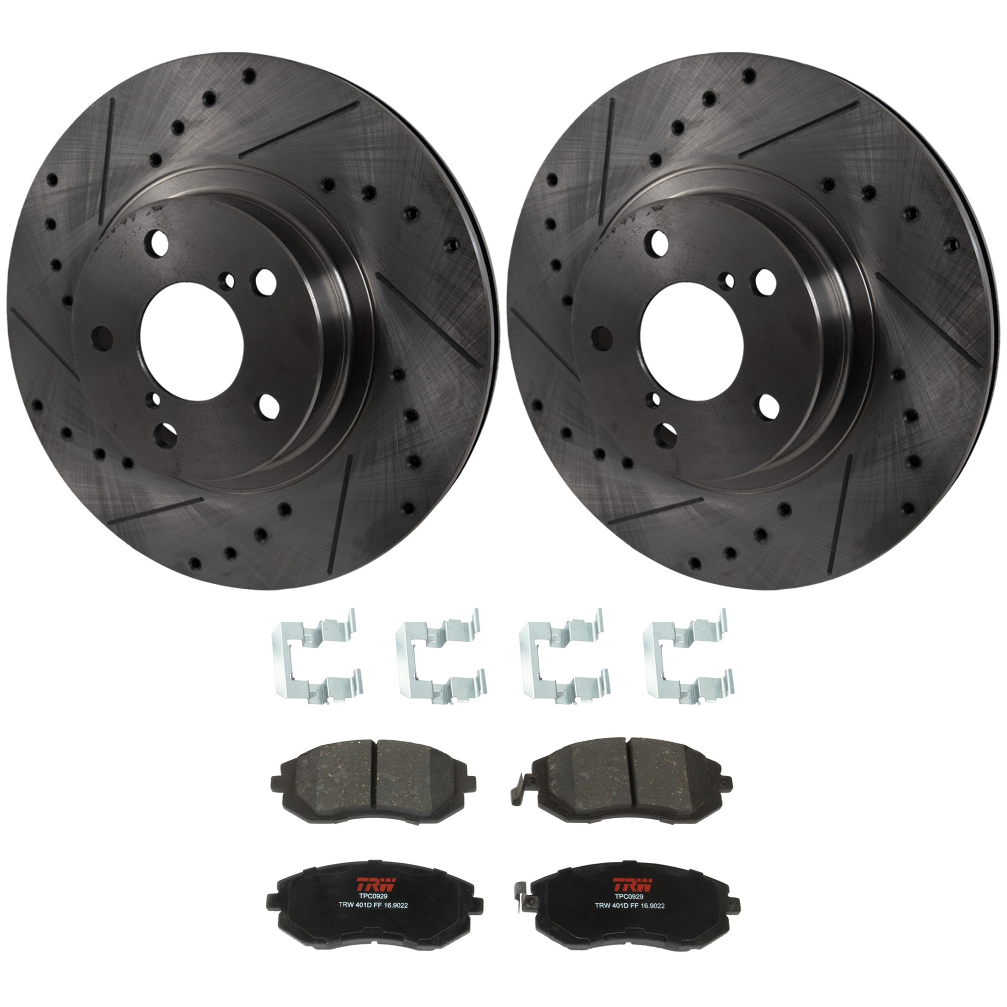 KIT-072924-4433 2-Wheel Set Front Brake Disc and Pad Kit, Cross-drilled and Slotted 5 Lugs 276.86 mm Ceramic, Includes (1) Brake Pad Set and (2) Brake Disc