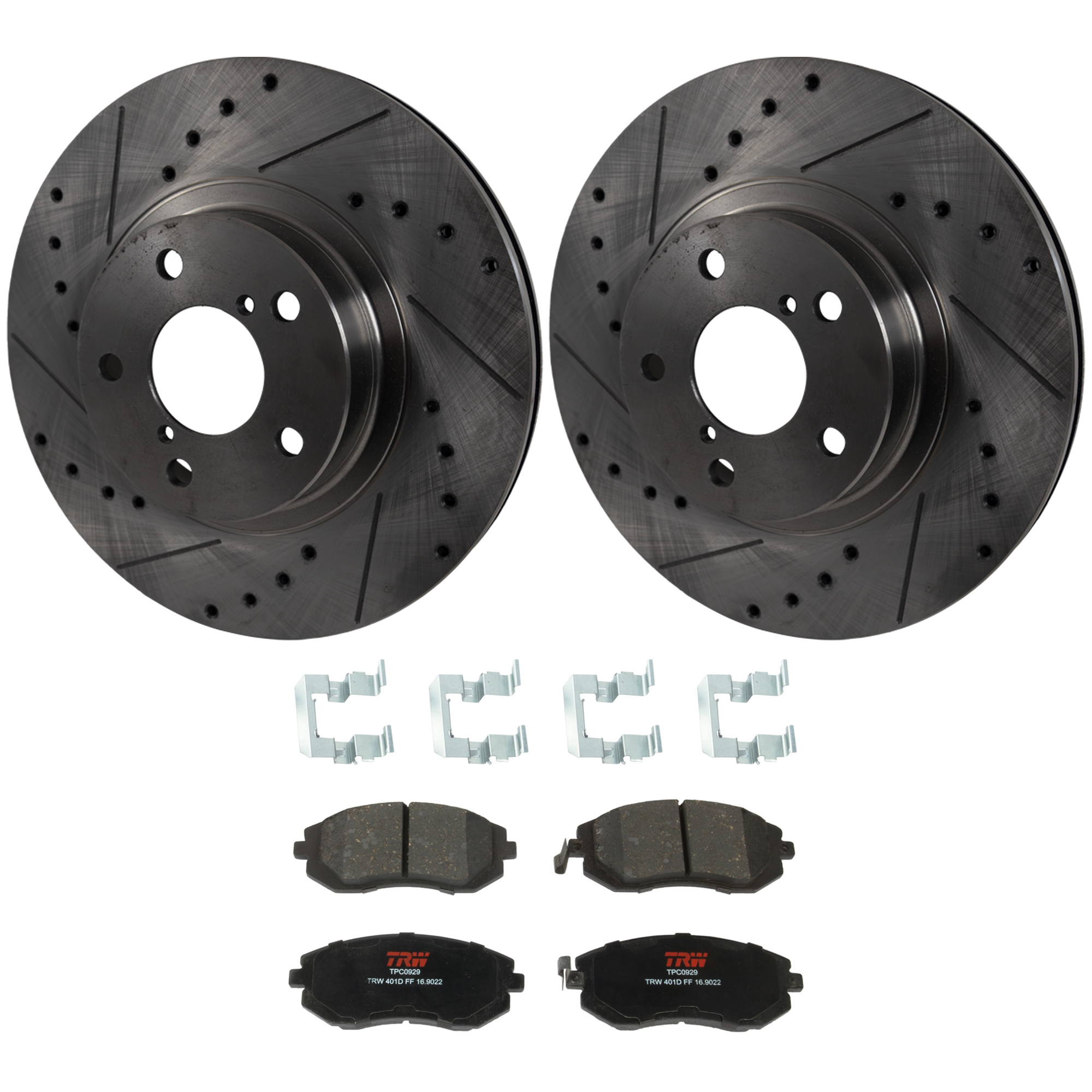 KIT-072924-4433 2-Wheel Set Front Brake Disc and Pad Kit, Cross-drilled and Slotted 5 Lugs 276.86 mm Ceramic, Includes (1) Brake Pad Set and (2) Brake Disc