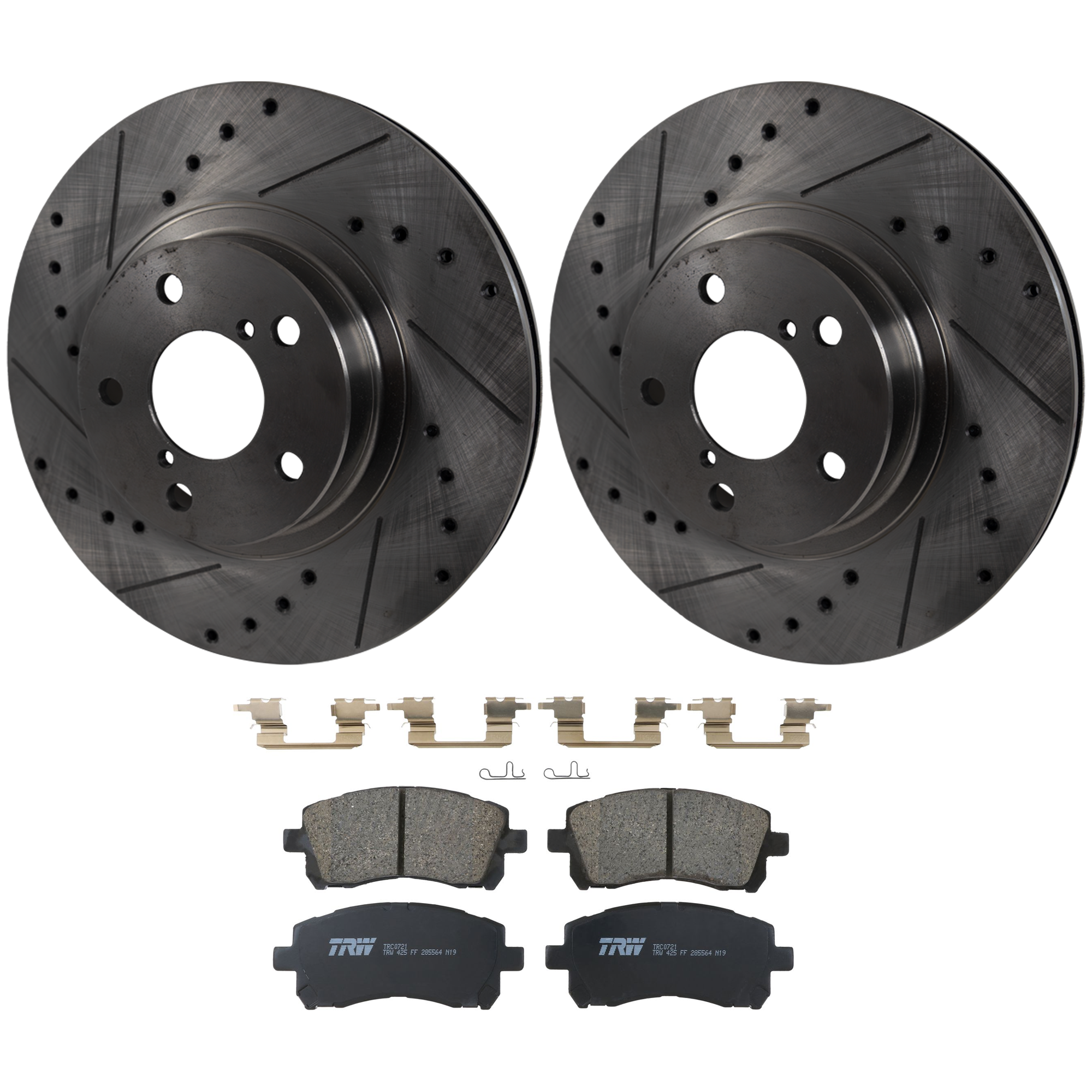 KIT-072924-4490 2-Wheel Set Front Brake Disc and Pad Kit, Cross-drilled and Slotted 5 Lugs 276.86 mm Ceramic, Includes (1) Brake Pad Set and (2) Brake Disc