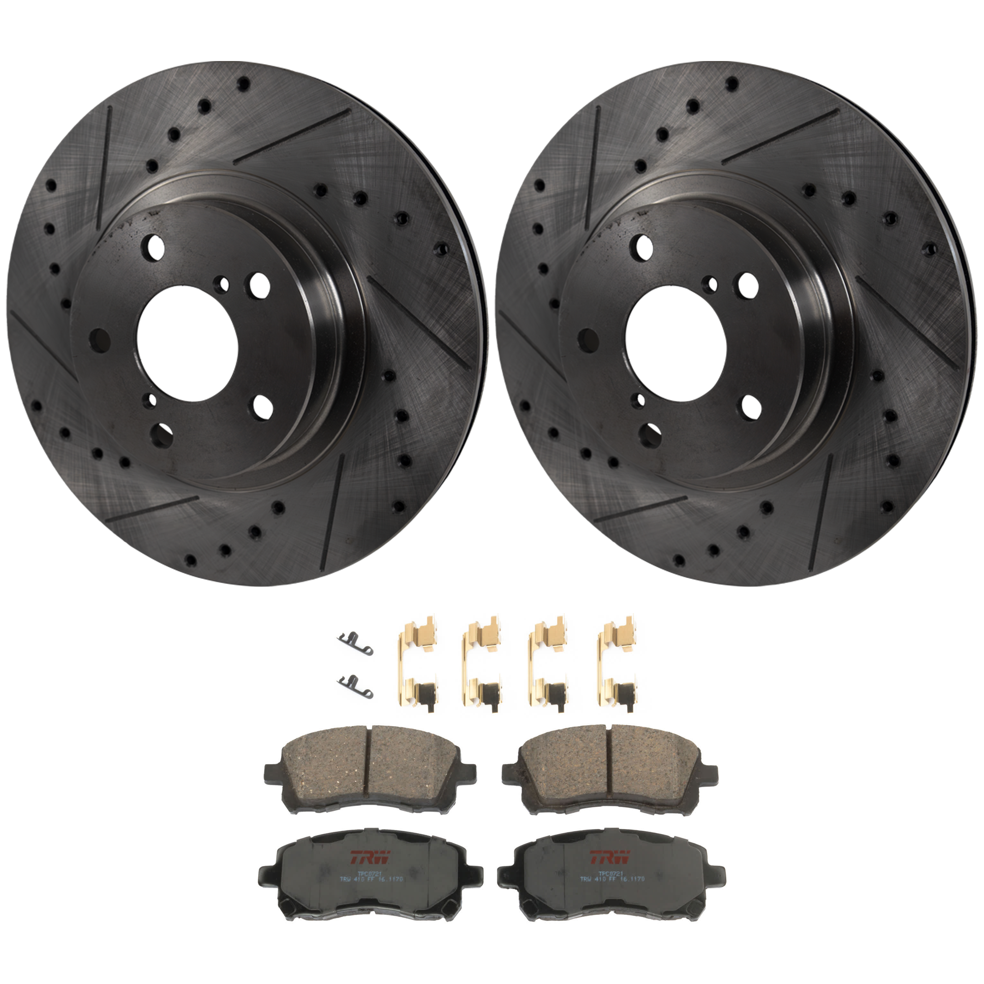 KIT-072924-4491 2-Wheel Set Front Brake Disc and Pad Kit, Cross-drilled and Slotted 5 Lugs 276.86 mm Ceramic, Includes (1) Brake Pad Set and (2) Brake Disc