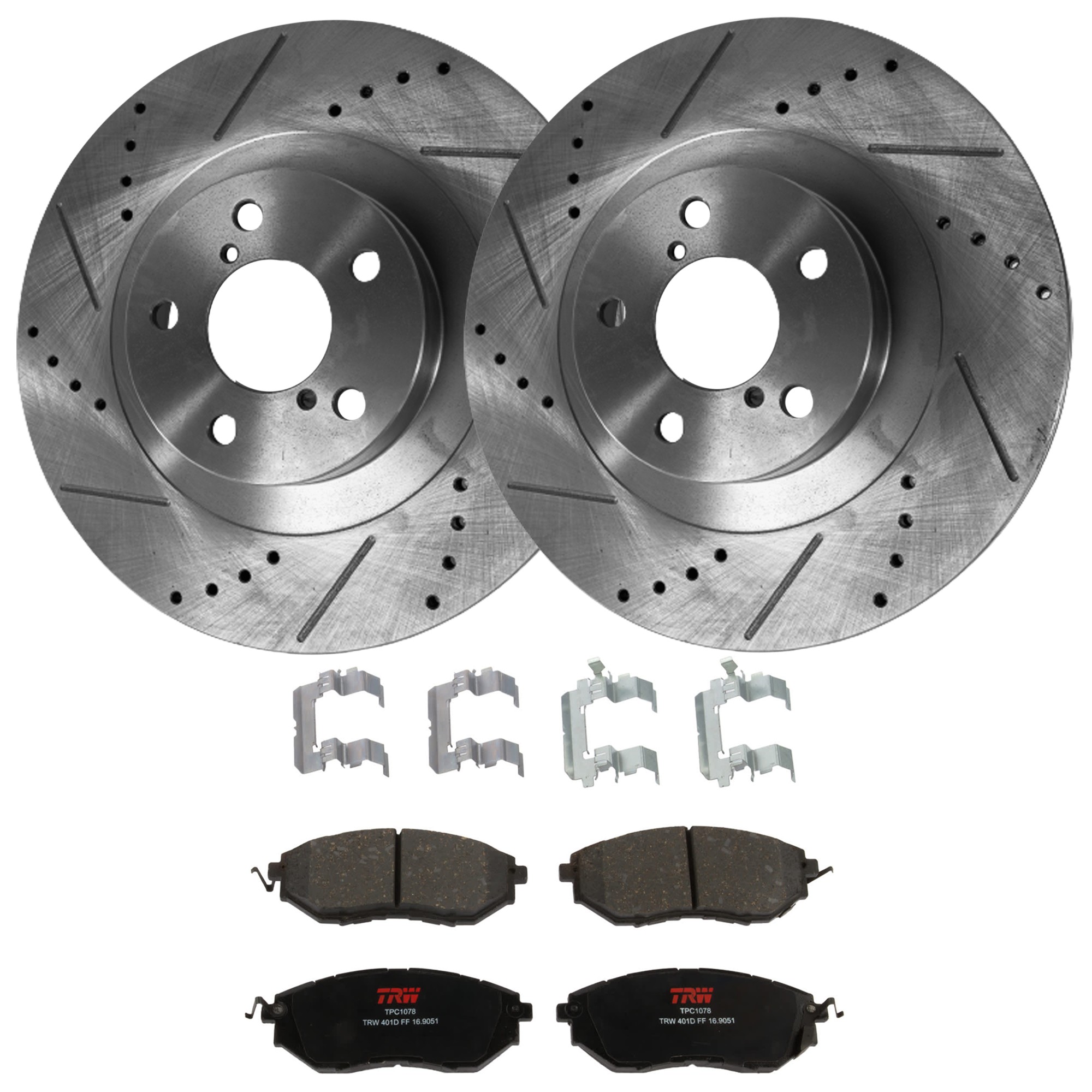 KIT-072924-4496 2-Wheel Set Front Brake Disc and Pad Kit, Cross-drilled and Slotted 5 Lugs 293.4 mm Semi-metallic, Includes (1) Brake Pad Set and (2) Brake Disc