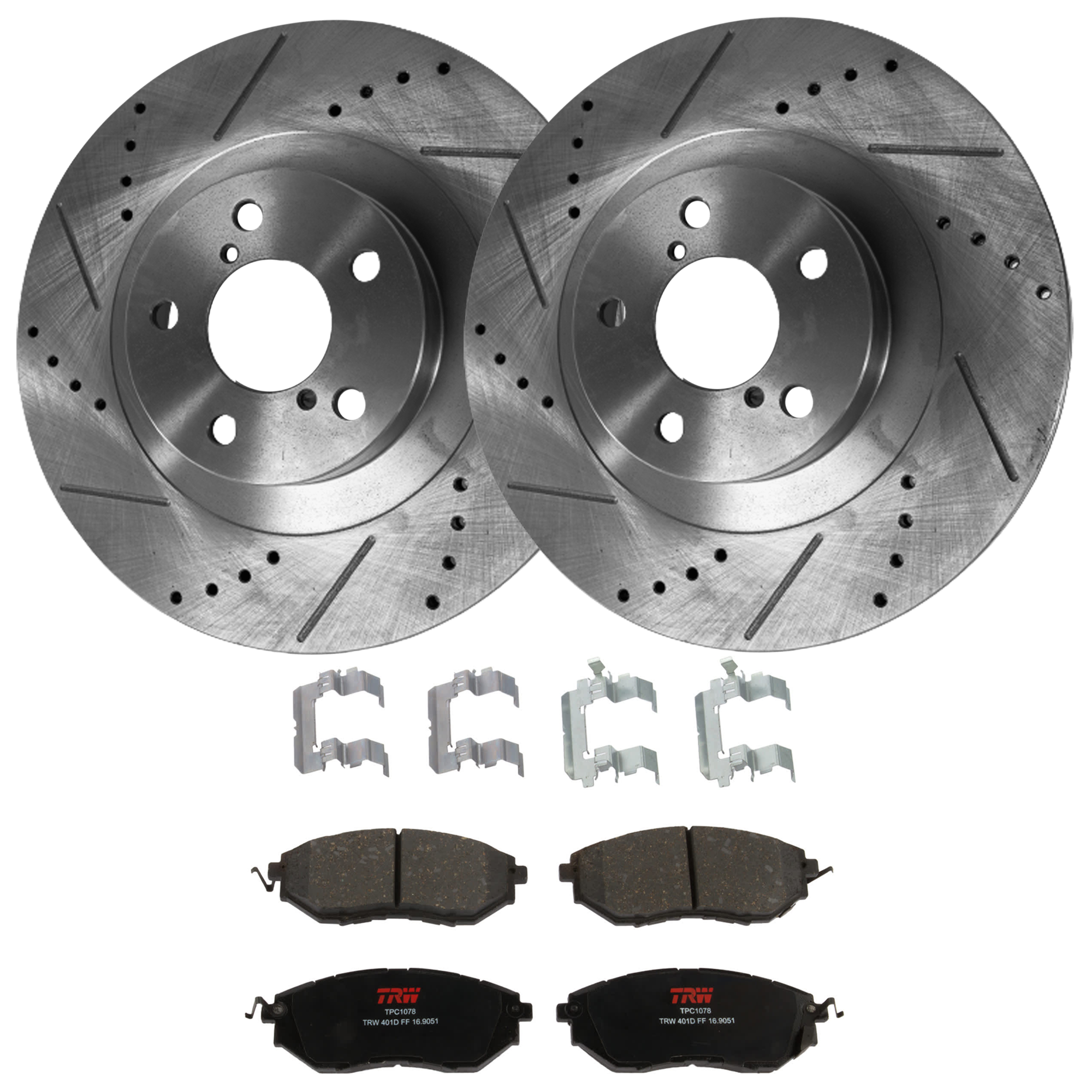 KIT-072924-4496 2-Wheel Set Front Brake Disc and Pad Kit, Cross-drilled and Slotted 5 Lugs 293.4 mm Semi-metallic, Includes (1) Brake Pad Set and (2) Brake Disc