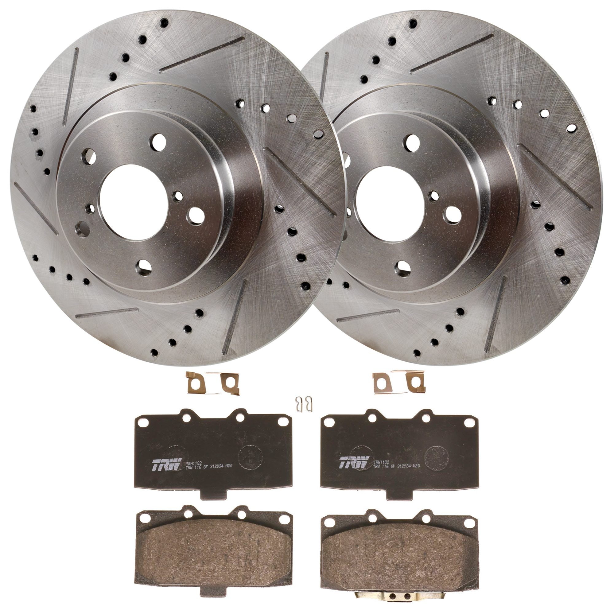 KIT-072924-4527 2-Wheel Set Front Brake Disc and Pad Kit, Cross-drilled and Slotted 5 Lugs 293.62 mm Semi-metallic, Includes (1) Brake Pad Set and (2) Brake Disc