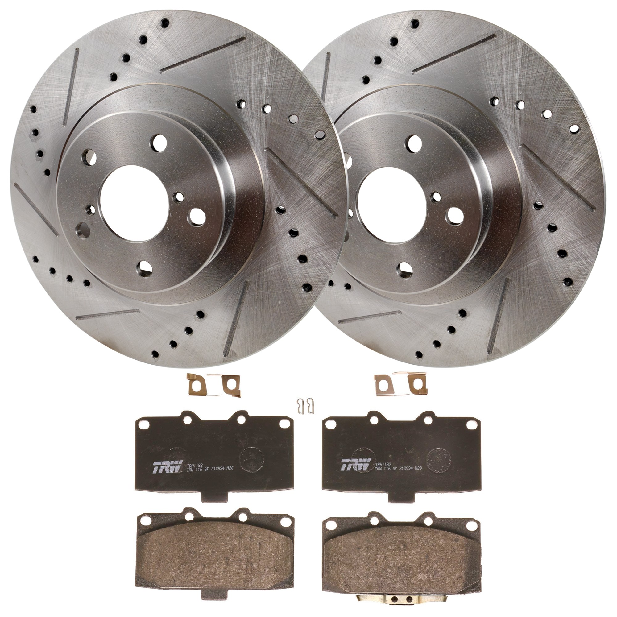 KIT-072924-4527 2-Wheel Set Front Brake Disc and Pad Kit, Cross-drilled and Slotted 5 Lugs 293.62 mm Semi-metallic, Includes (1) Brake Pad Set and (2) Brake Disc