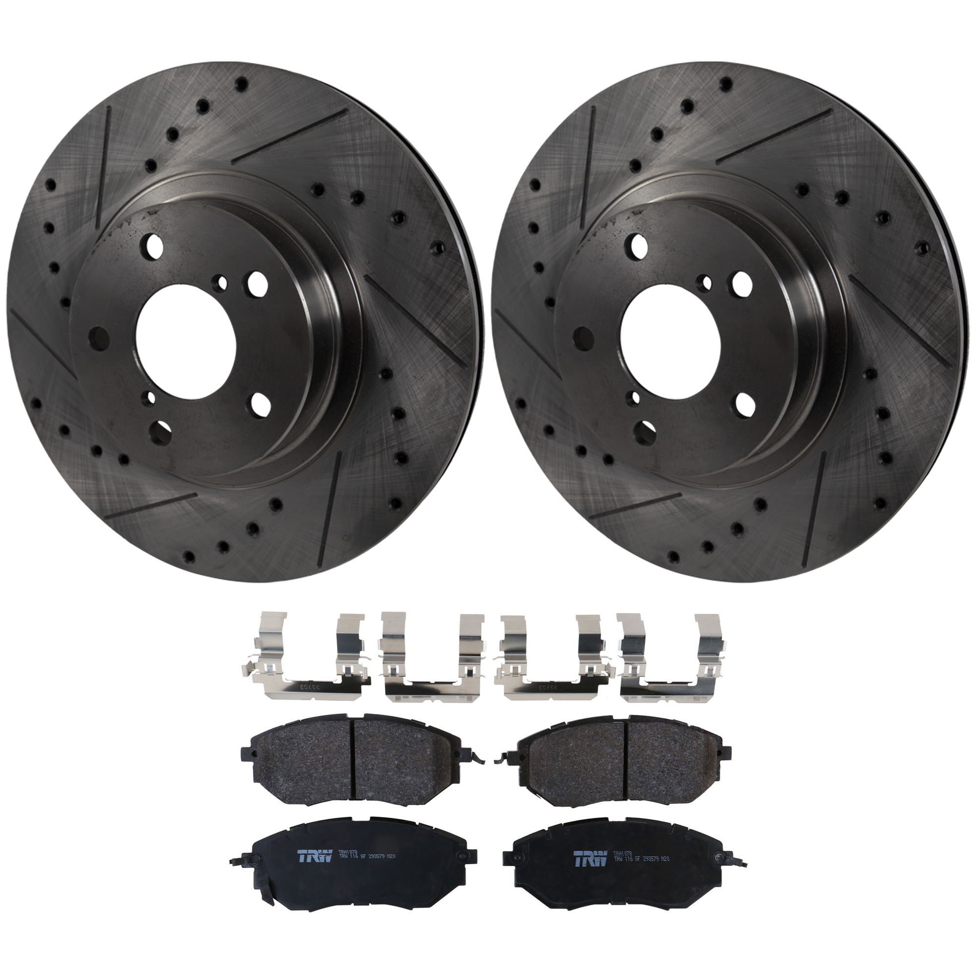 KIT-072924-4549 2-Wheel Set Front Brake Disc and Pad Kit, Cross-drilled and Slotted 5 Lugs 276.86 mm Semi-metallic, Includes (1) Brake Pad Set and (2) Brake Disc