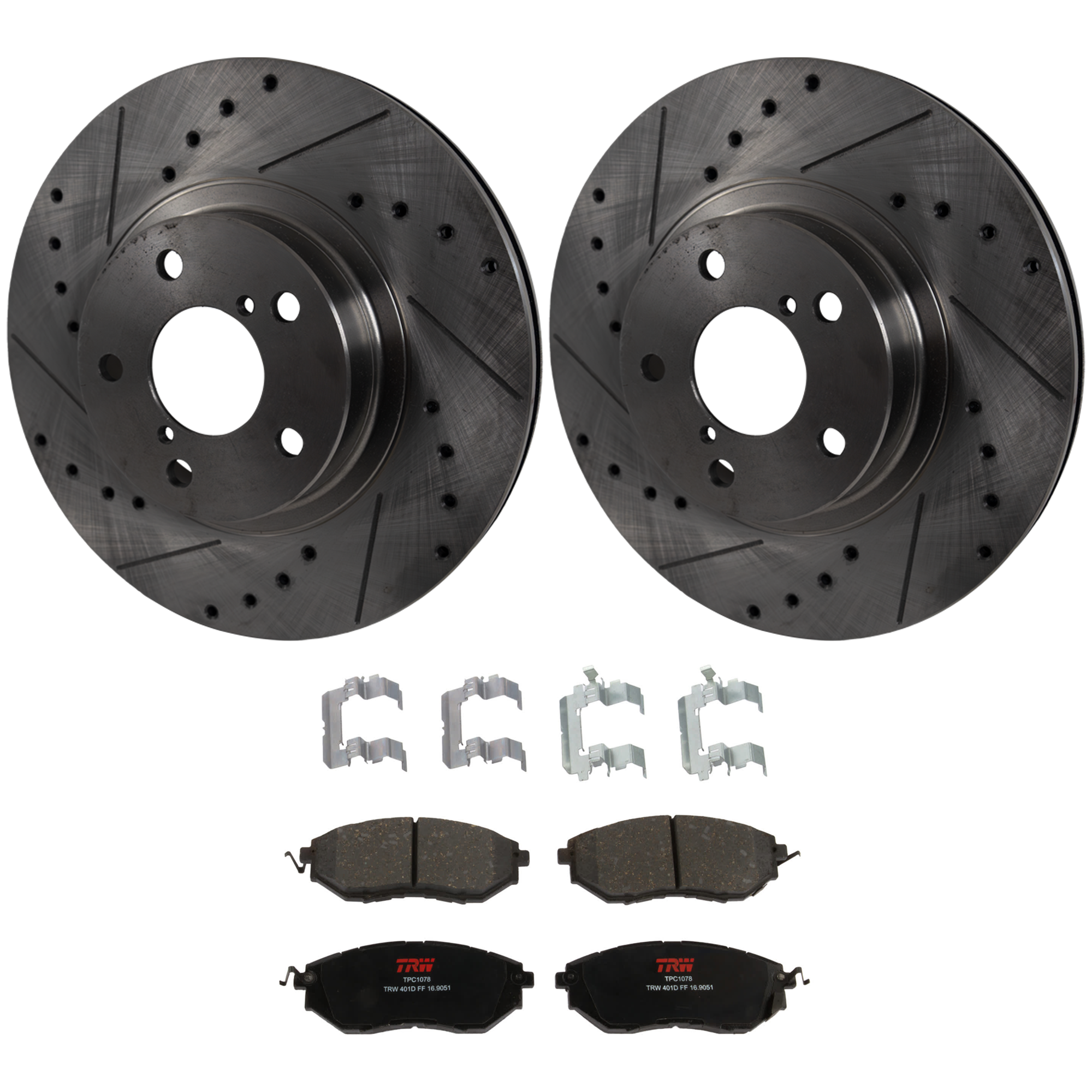 KIT-072924-4550 2-Wheel Set Front Brake Disc and Pad Kit, Cross-drilled and Slotted 5 Lugs 276.86 mm Semi-metallic, Includes (1) Brake Pad Set and (2) Brake Disc