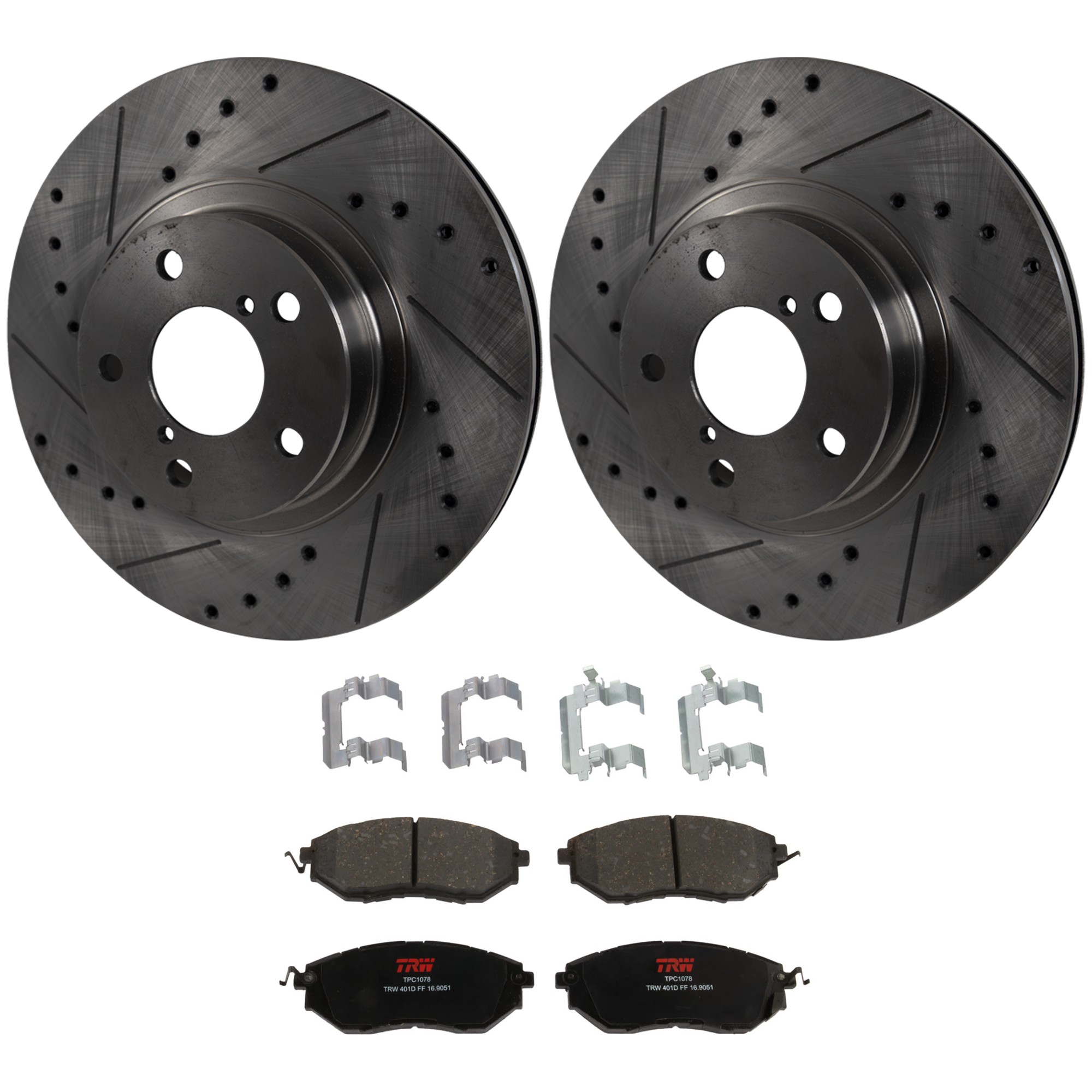 KIT-072924-4550 2-Wheel Set Front Brake Disc and Pad Kit, Cross-drilled and Slotted 5 Lugs 276.86 mm Semi-metallic, Includes (1) Brake Pad Set and (2) Brake Disc