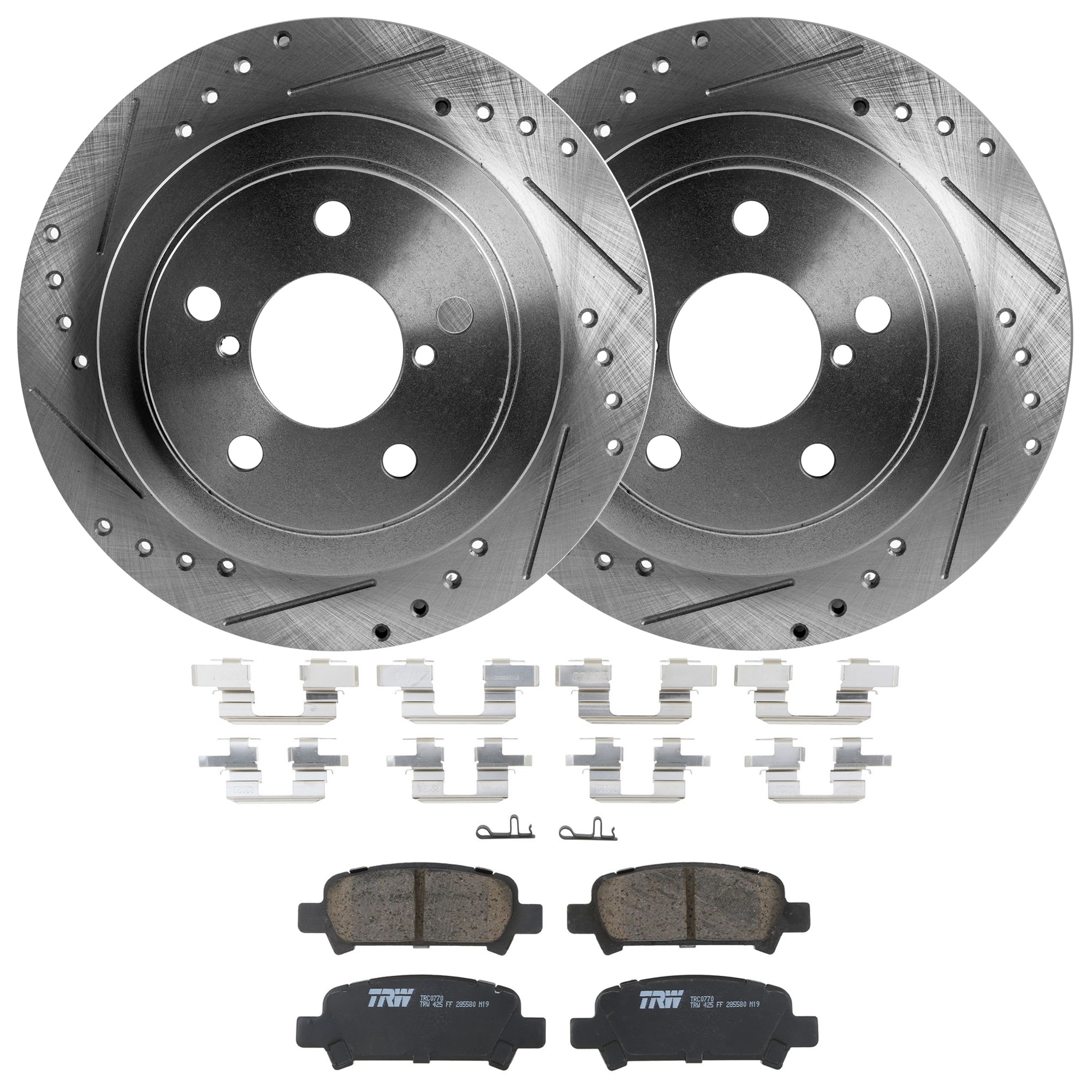 KIT-072924-5314 2-Wheel Set Rear Brake Disc and Pad Kit, Cross-drilled and Slotted 5 Lugs 265.43 mm Ceramic, Includes (2) Brake Disc and (1) Brake Pad Set