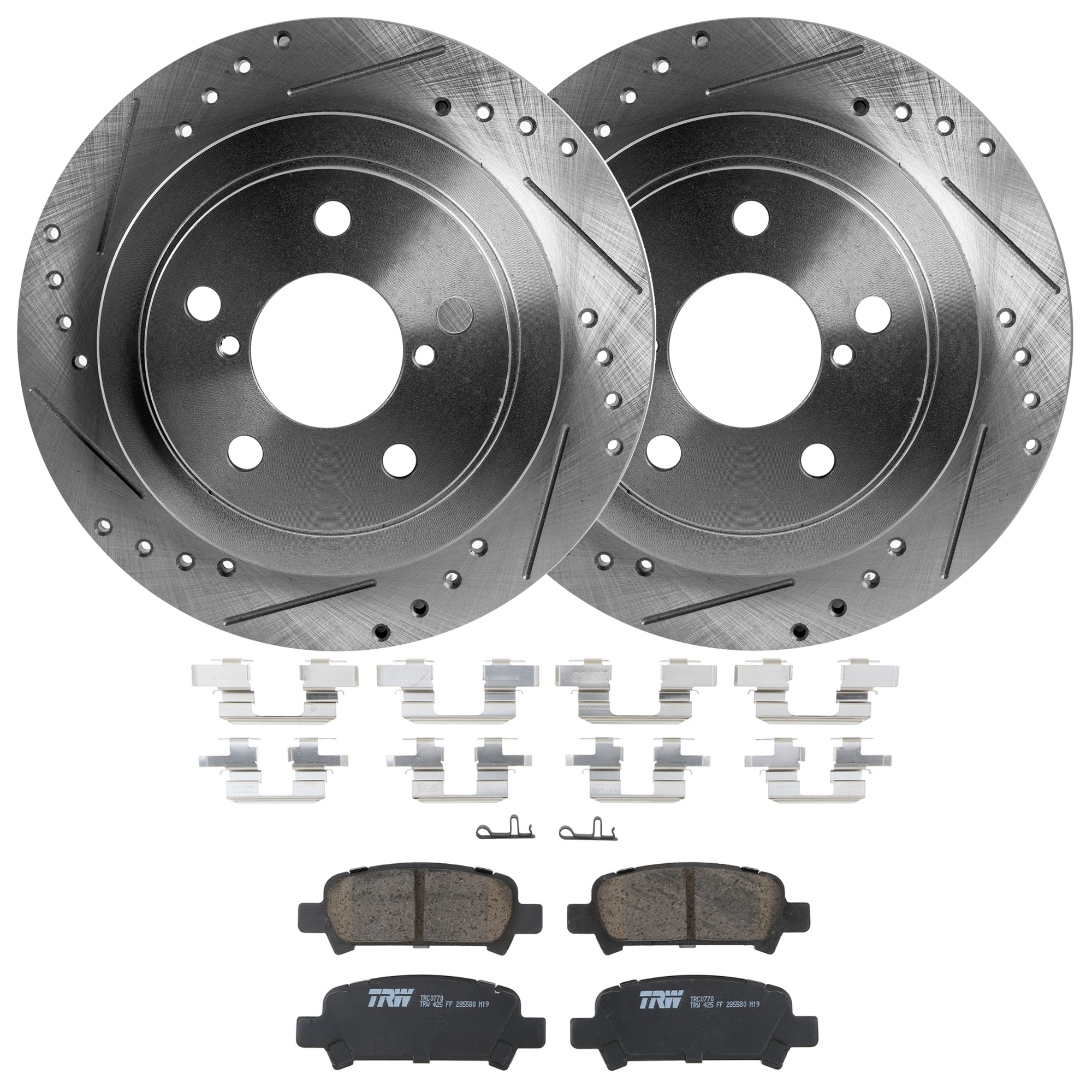 KIT-072924-5314 2-Wheel Set Rear Brake Disc and Pad Kit, Cross-drilled and Slotted 5 Lugs 265.43 mm Ceramic, Includes (2) Brake Disc and (1) Brake Pad Set