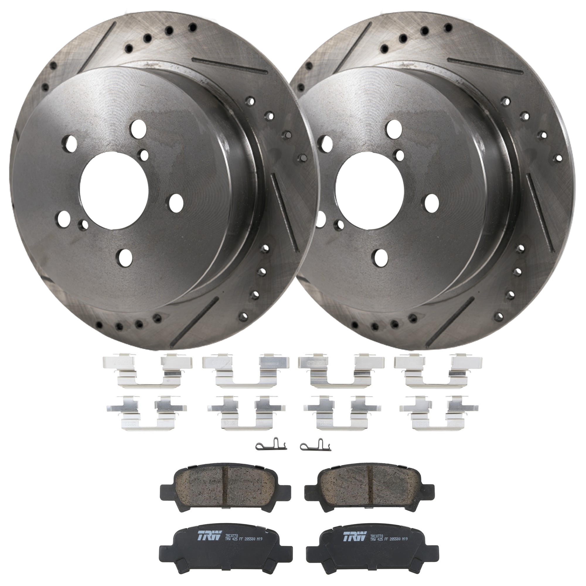 KIT-072924-5349 2-Wheel Set Rear Brake Disc and Pad Kit, Cross-drilled and Slotted 5 Lugs 273.81 mm Ceramic, Includes (2) Disc and (1) Pad Set