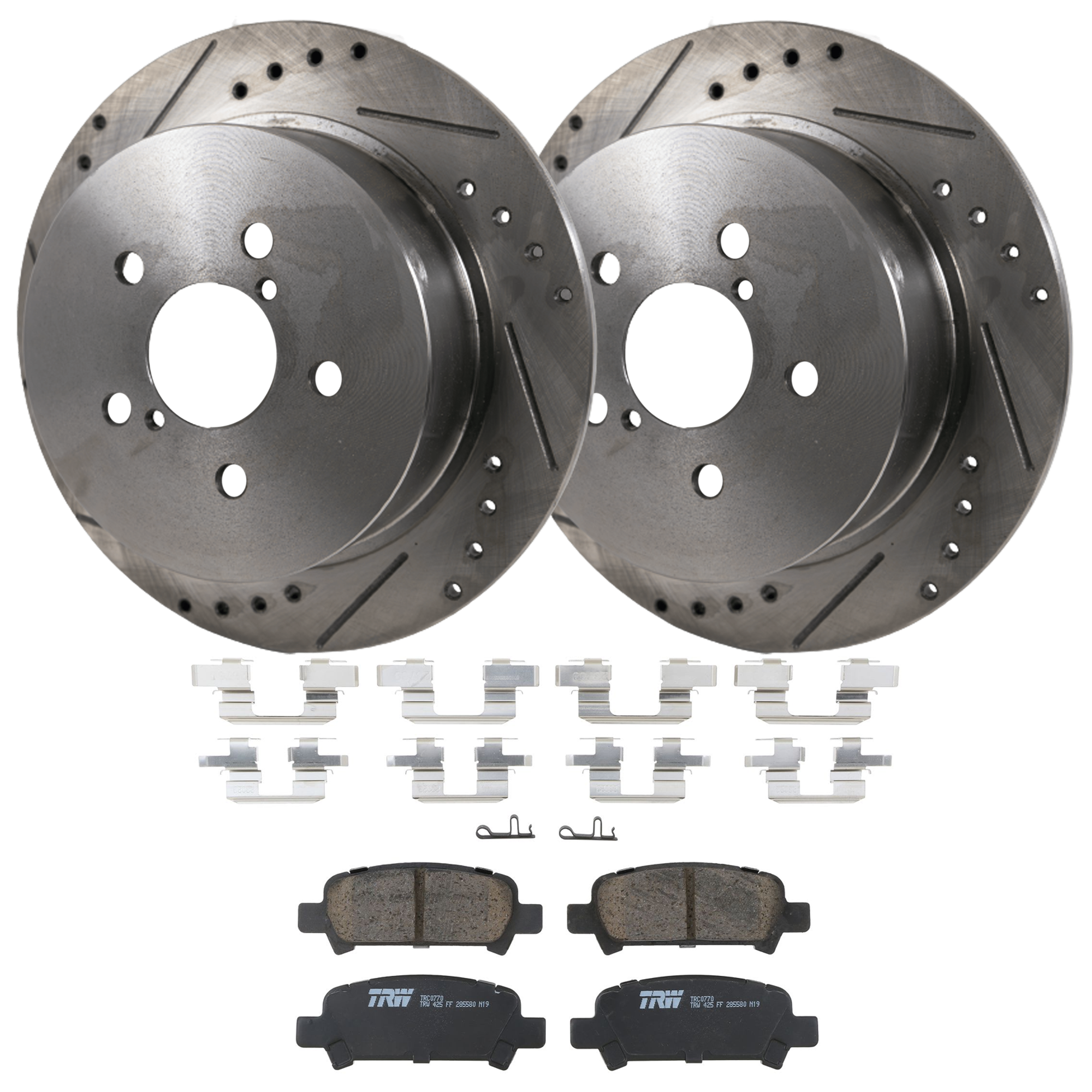 KIT-072924-5349 2-Wheel Set Rear Brake Disc and Pad Kit, Cross-drilled and Slotted 5 Lugs 273.81 mm Ceramic, Includes (2) Disc and (1) Pad Set