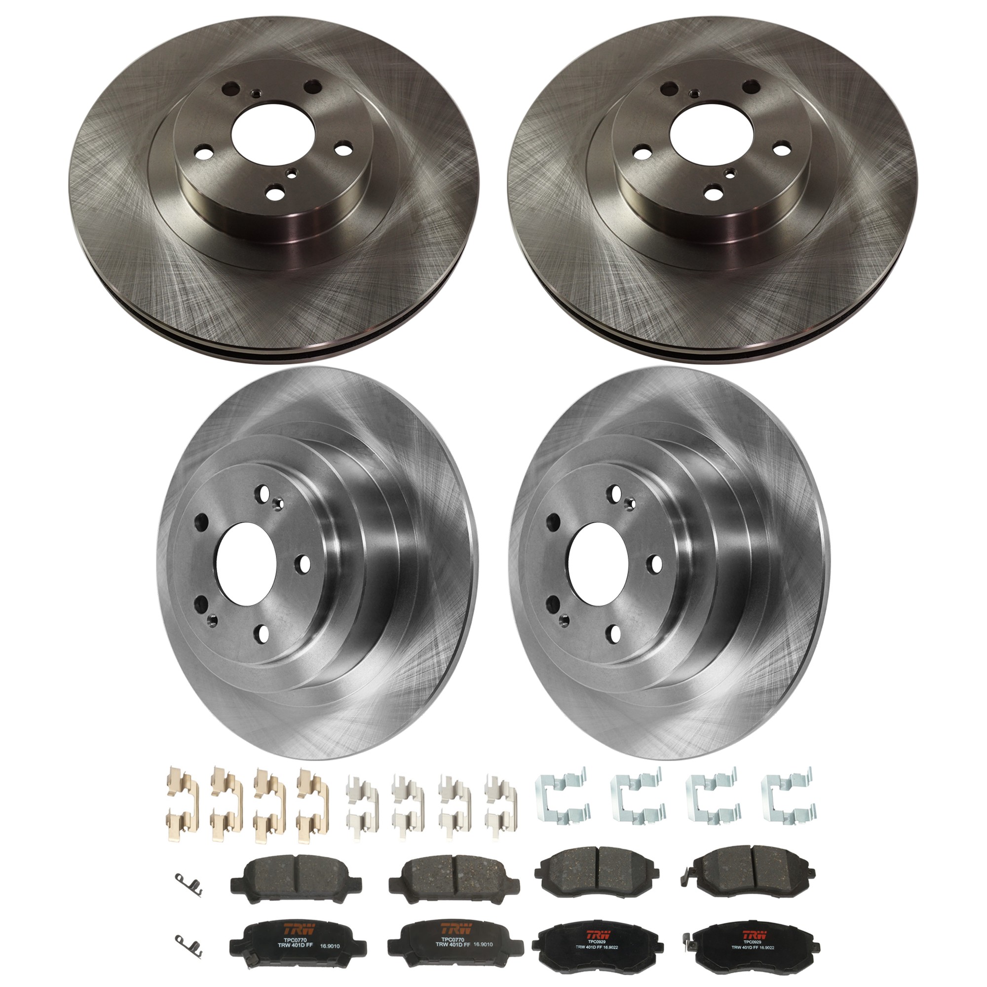 KIT-073024-9308 4-Wheel Set Front and Rear Brake Disc and Pad Kit, Plain Surface 5 Lugs Front-293.62 mm/Rear-289.81 mm Ceramic, Includes (2) Brake Pad Set and (4) Brake Disc