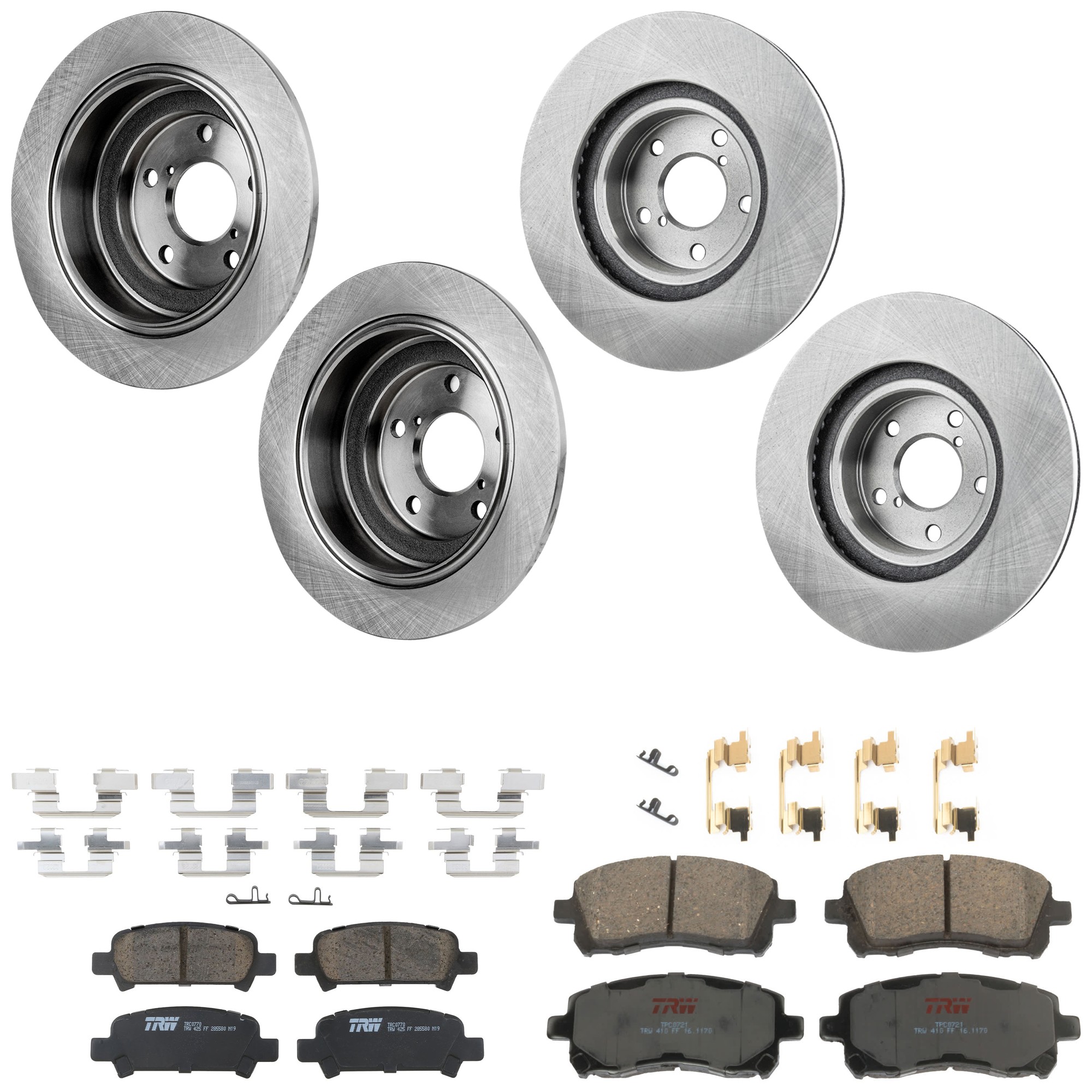 KIT-073024-9323 4-Wheel Set Front and Rear Brake Disc and Pad Kit, Plain Surface 5 Lugs Front-276.86 mm/Rear-265.43 mm Ceramic, Includes (2) Brake Pad Set and (4) Brake Disc
