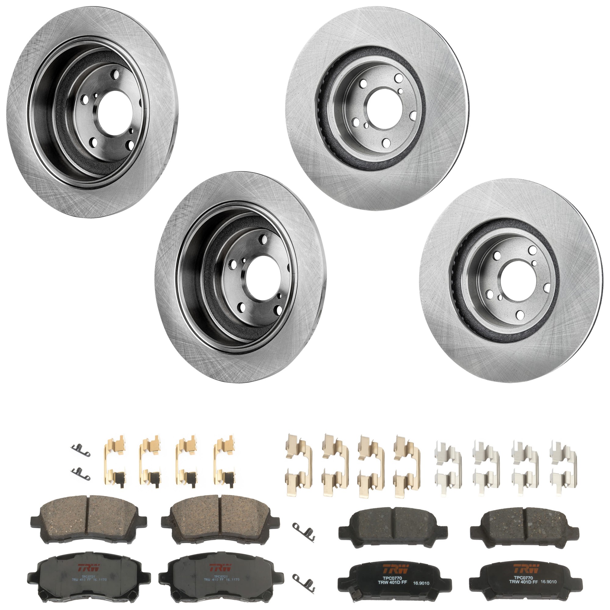 KIT-073024-9325 4-Wheel Set Front and Rear Brake Disc and Pad Kit, Plain Surface 5 Lugs Front-276.86 mm/Rear-265.43 mm Ceramic, Includes (2) Brake Pad Set and (4) Brake Disc