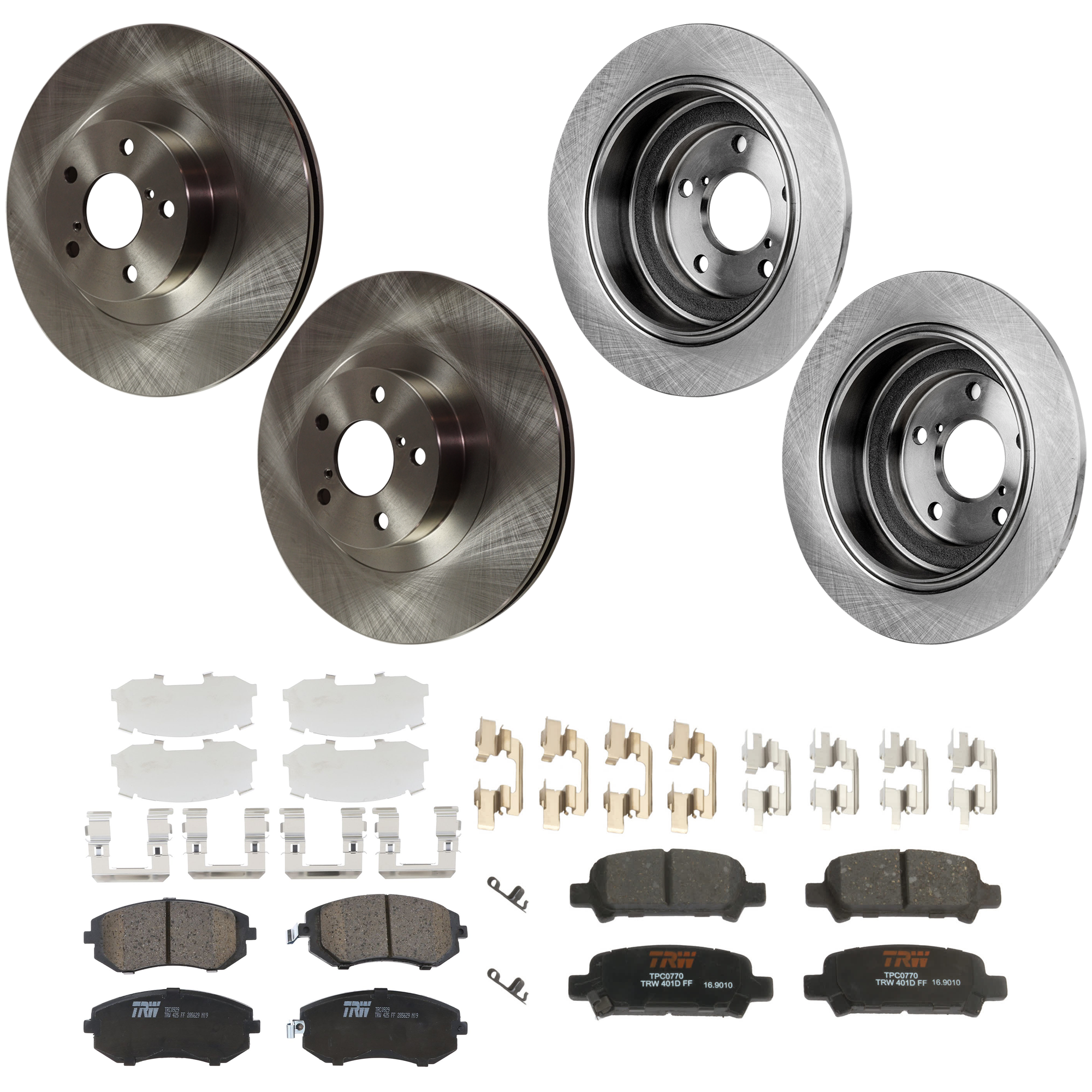 KIT-073024-9332 4-Wheel Set Front and Rear Brake Disc and Pad Kit, Plain Surface 5 Lugs Front-293.62 mm/Rear-265.43 mm Ceramic, Includes (2) Brake Pad Set and (4) Brake Disc