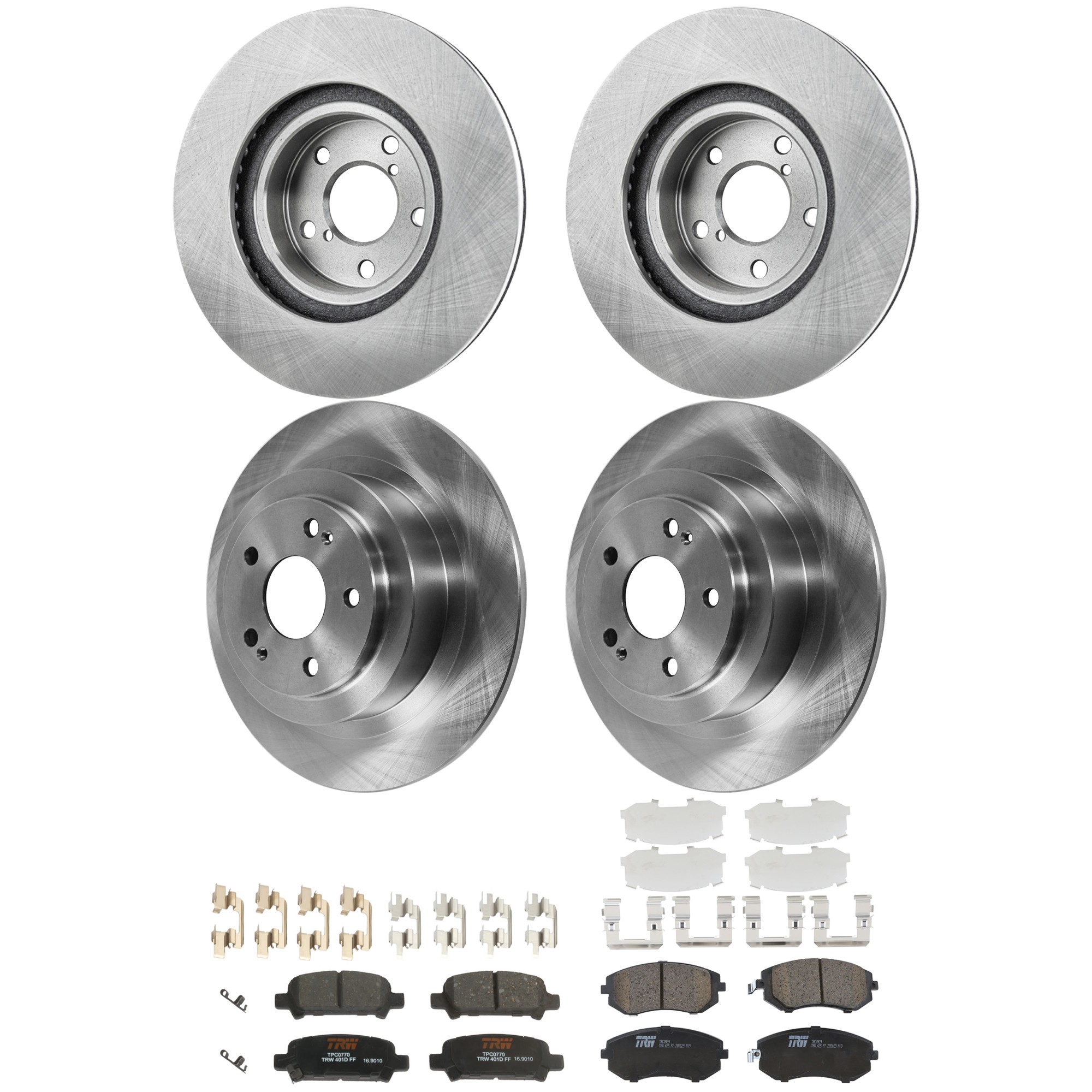 KIT-073024-9488 4-Wheel Set Front and Rear Brake Disc and Pad Kit, Plain Surface 5 Lugs Front-276.86 mm/Rear-289.81 mm Ceramic, Includes (2) Brake Pad Set and (4) Brake Disc
