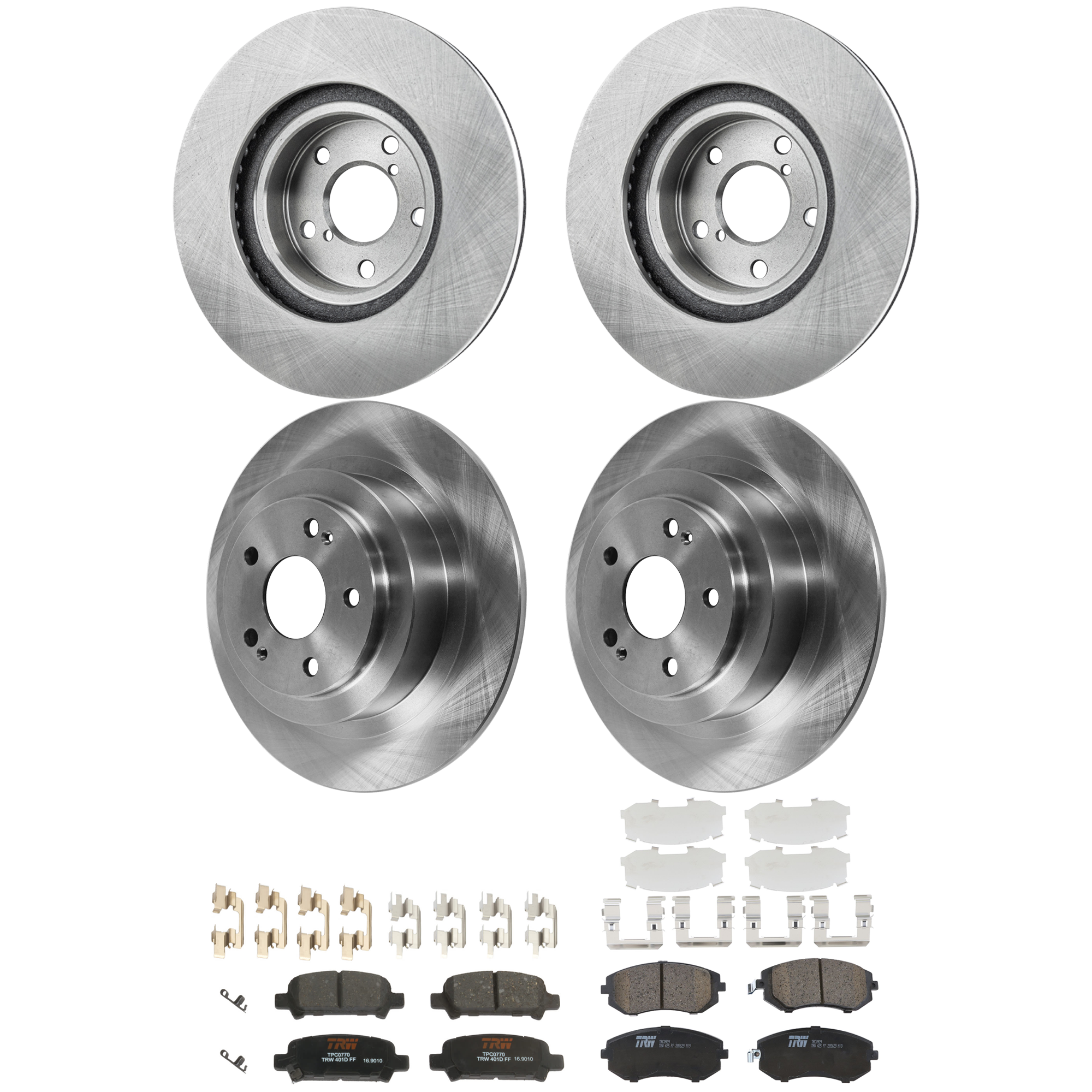 KIT-073024-9488 4-Wheel Set Front and Rear Brake Disc and Pad Kit, Plain Surface 5 Lugs Front-276.86 mm/Rear-289.81 mm Ceramic, Includes (2) Brake Pad Set and (4) Brake Disc