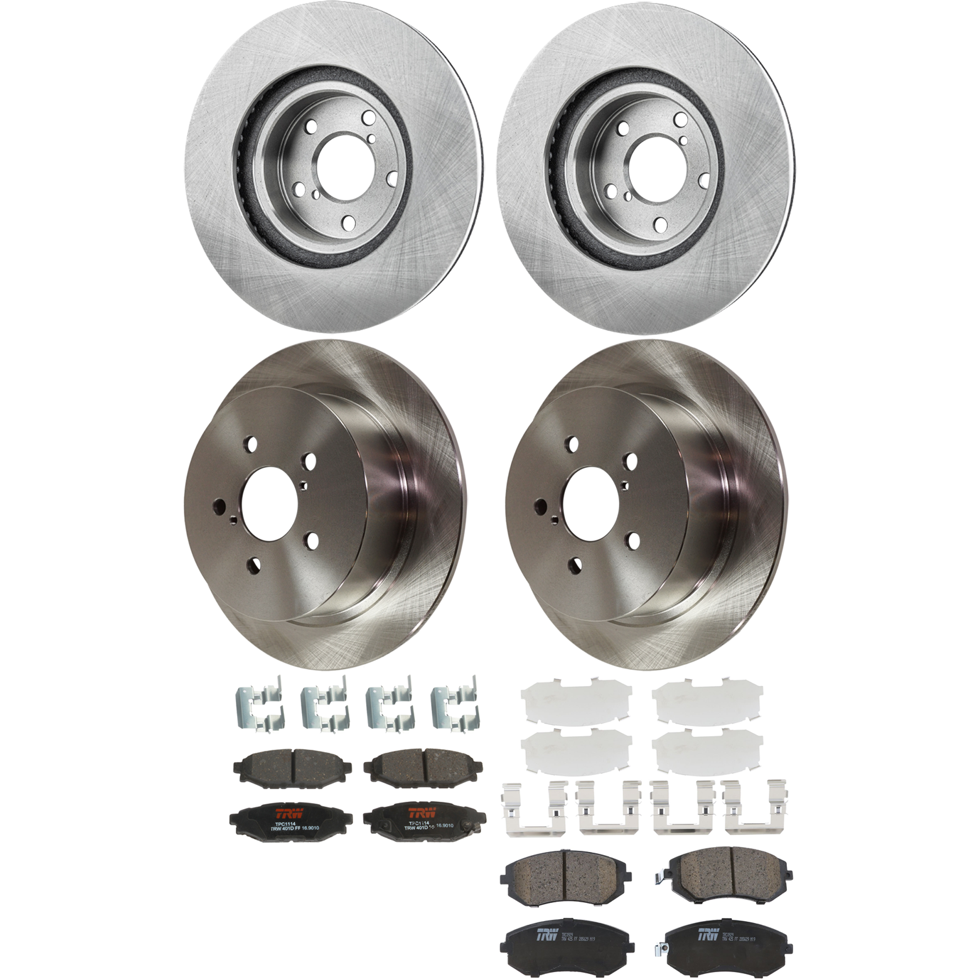 KIT-073024-9575 4-Wheel Set Front and Rear Brake Disc and Pad Kit, Plain Surface 5 Lugs Front-276.86 mm/Rear-273.81 mm Ceramic, Includes (2) Brake Pad Set and (4) Brake Disc