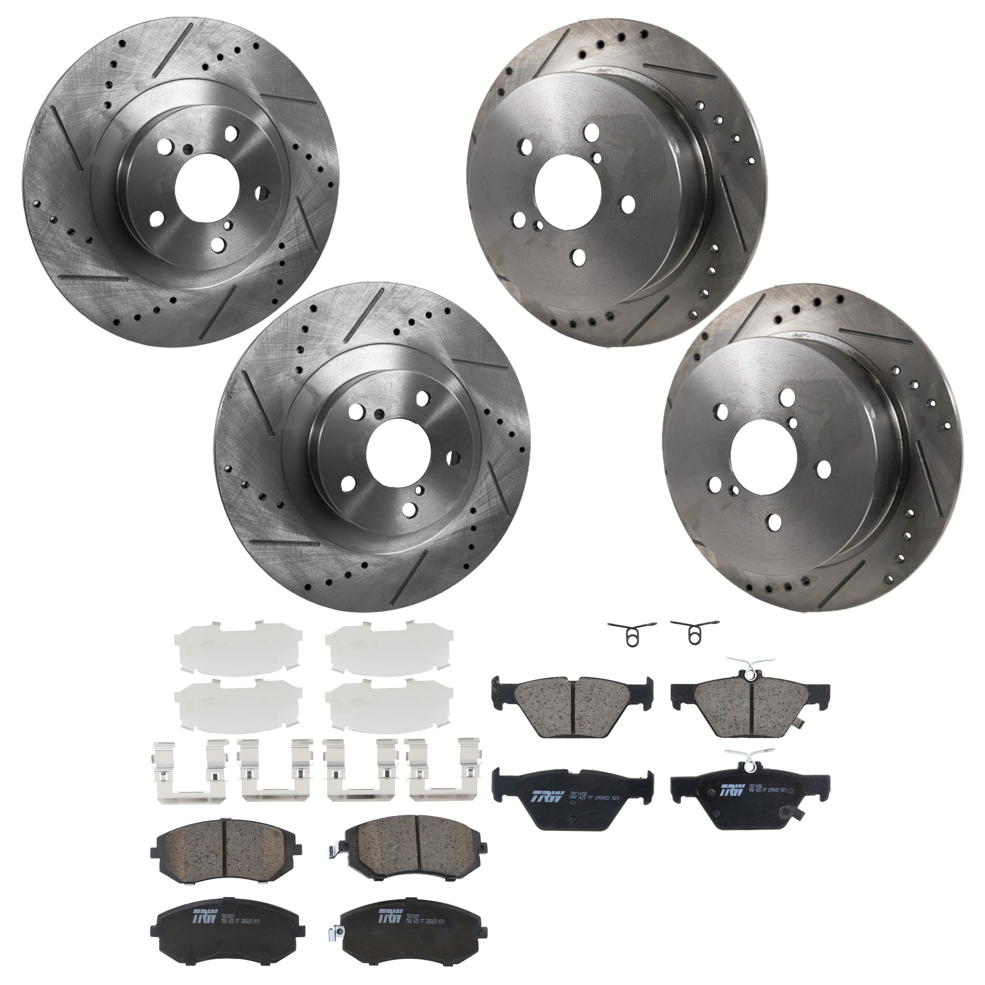 KIT-073024-9641 4-Wheel Set Front and Rear Brake Disc and Pad Kit, Cross-drilled and Slotted 5 Lugs Front-293.4 mm/Rear-273.81 mm Ceramic, Includes (4) Disc and (2) Pad Set