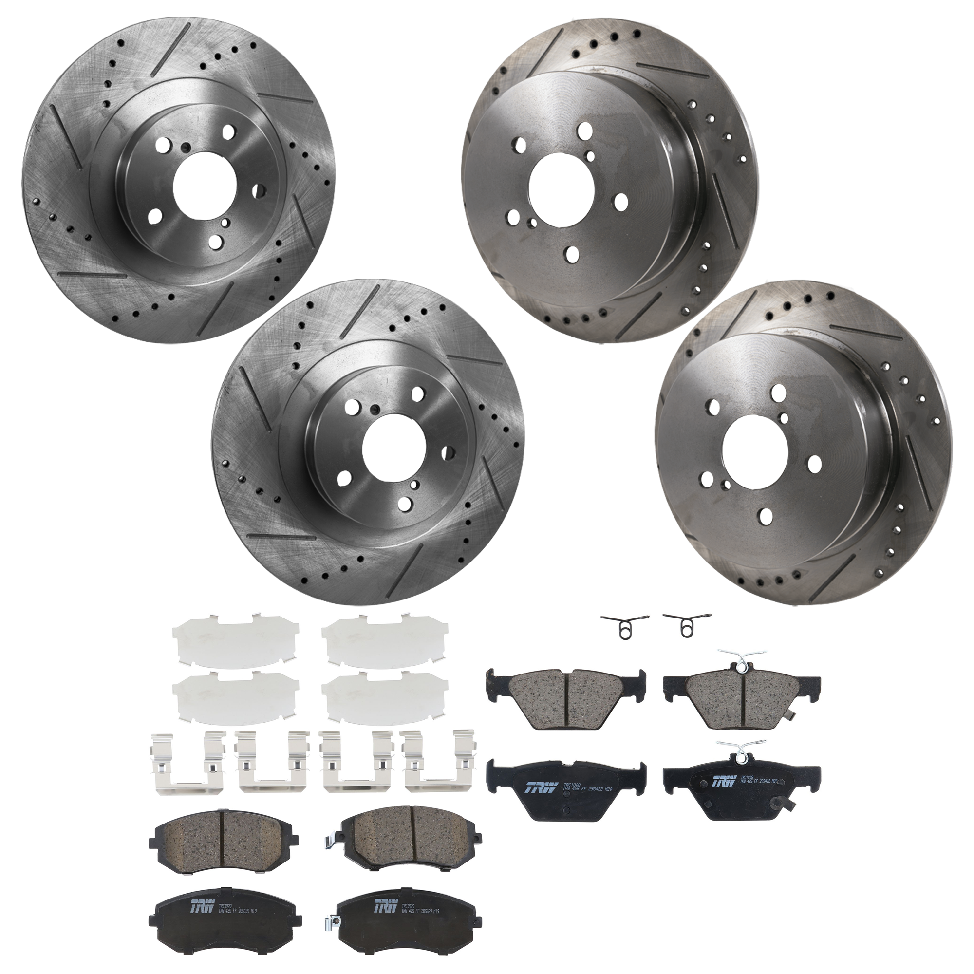 KIT-073024-9641 4-Wheel Set Front and Rear Brake Disc and Pad Kit, Cross-drilled and Slotted 5 Lugs Front-293.4 mm/Rear-273.81 mm Ceramic, Includes (4) Disc and (2) Pad Set