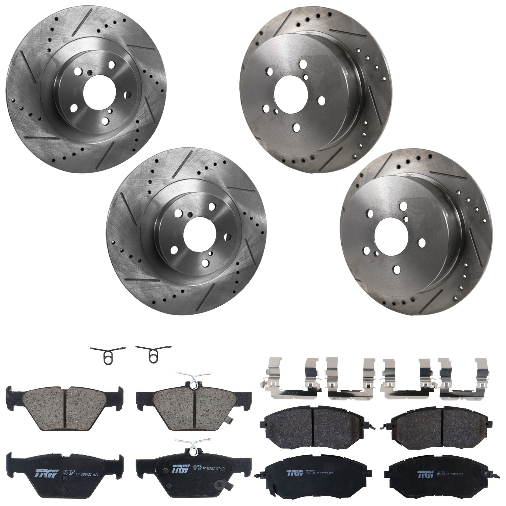 KIT-073024-9642 4-Wheel Set Front and Rear Brake Disc and Pad Kit, Cross-drilled and Slotted 5 Lugs Front-293.4 mm/Rear-273.81 mm Front-Semi-Metallic/Rear-Ceramic, Includes (4)...