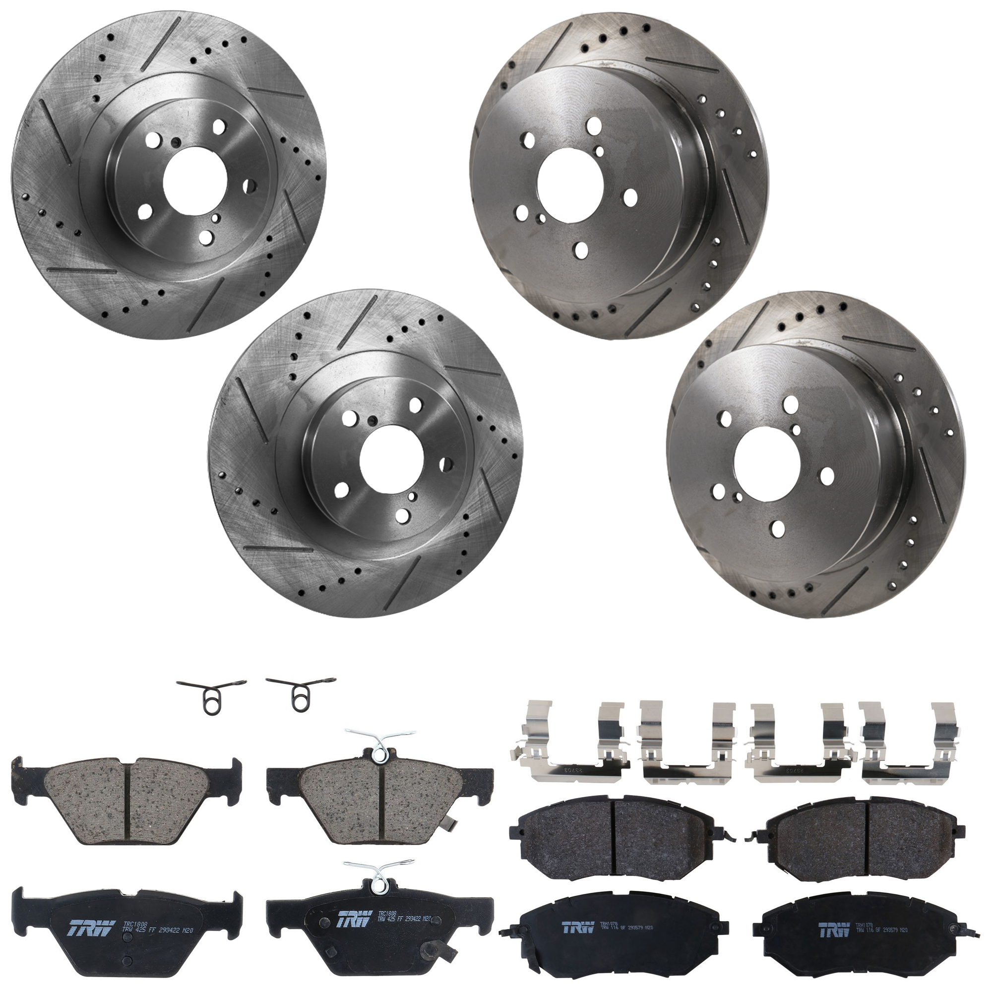 KIT-073024-9642 4-Wheel Set Front and Rear Brake Disc and Pad Kit, Cross-drilled and Slotted 5 Lugs Front-293.4 mm/Rear-273.81 mm Front-Semi-Metallic/Rear-Ceramic, Includes (4)...