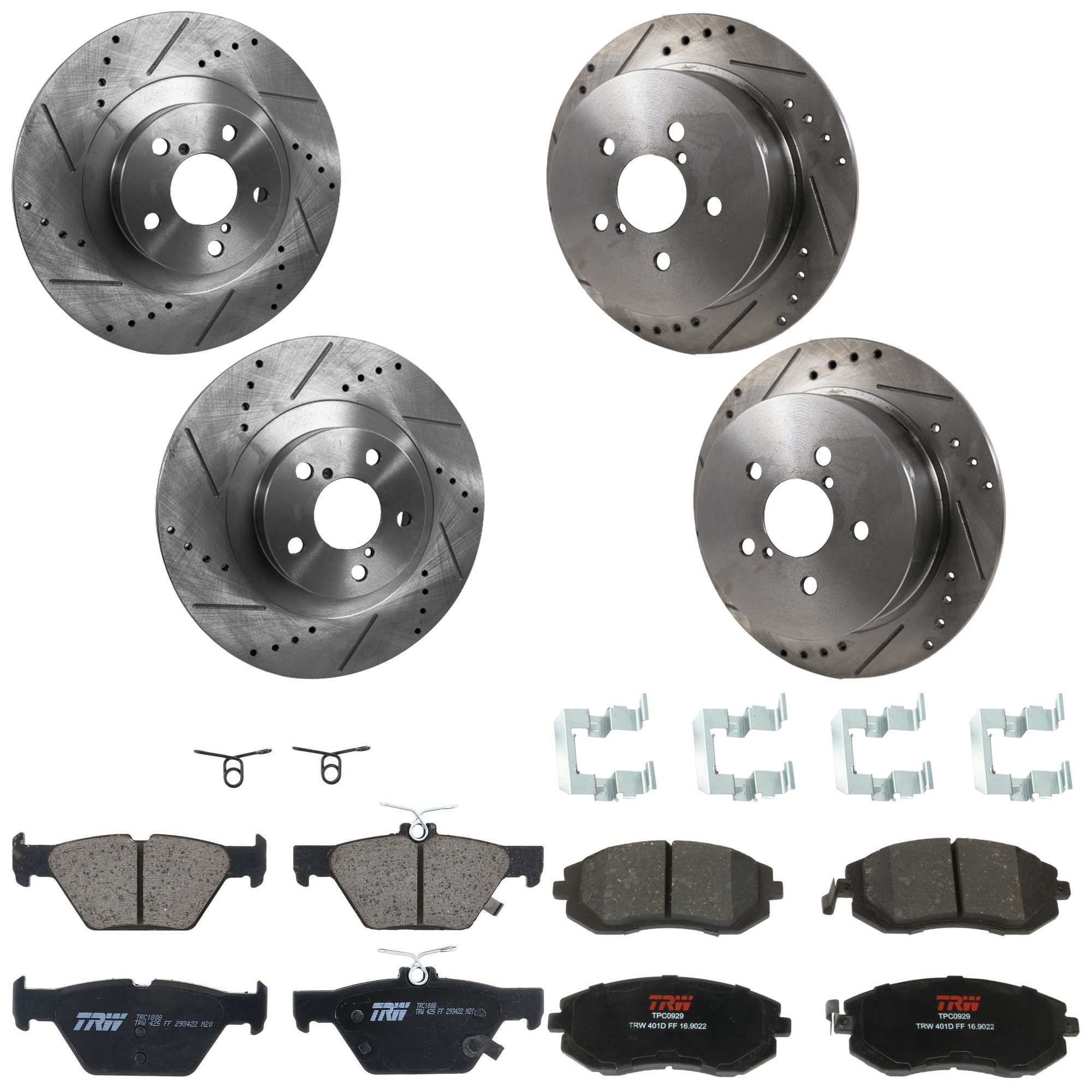 KIT-073024-9643 4-Wheel Set Front and Rear Brake Disc and Pad Kit, Cross-drilled and Slotted 5 Lugs Front-293.4 mm/Rear-273.81 mm Ceramic, Includes (4) Disc and (2) Pad Set