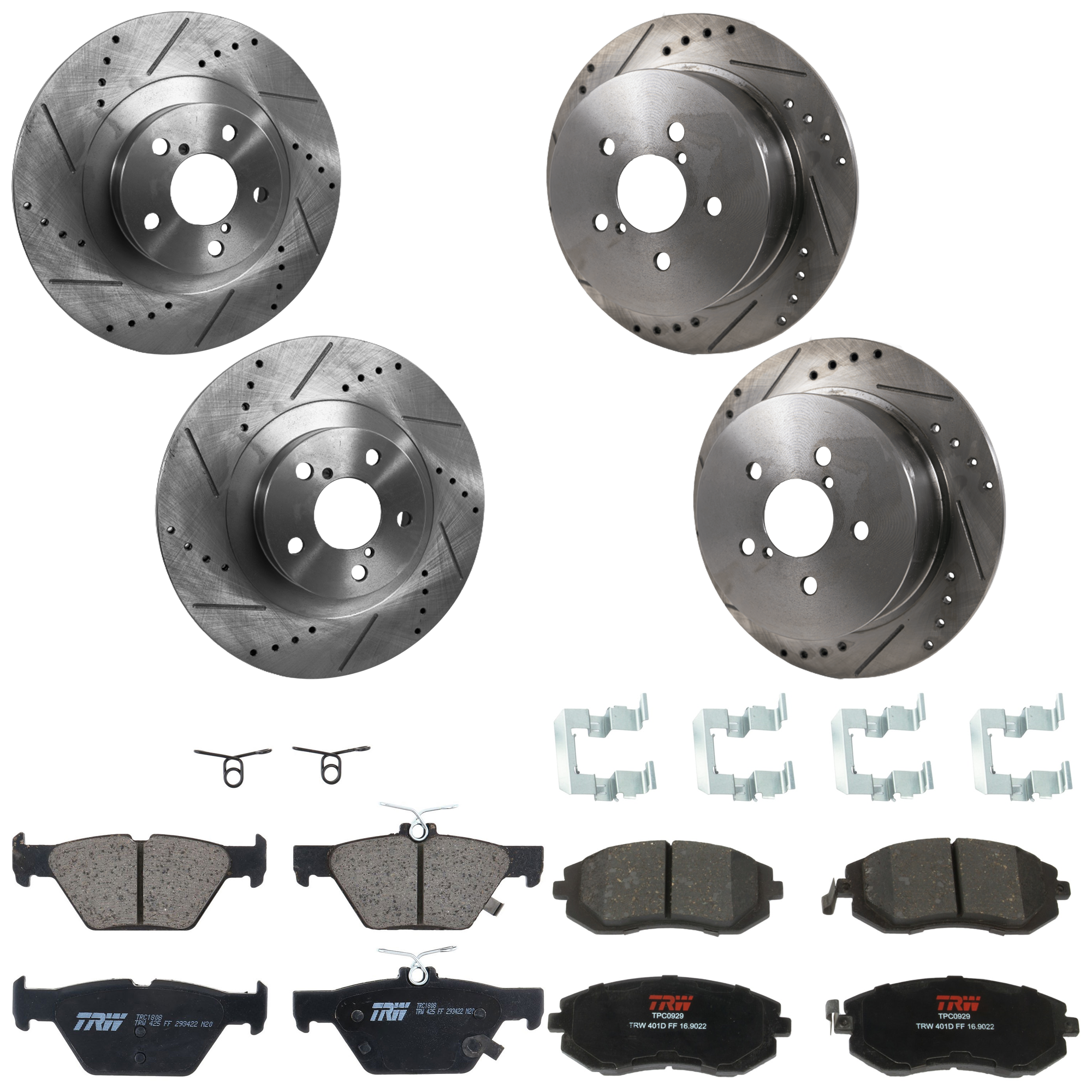 KIT-073024-9643 4-Wheel Set Front and Rear Brake Disc and Pad Kit, Cross-drilled and Slotted 5 Lugs Front-293.4 mm/Rear-273.81 mm Ceramic, Includes (4) Disc and (2) Pad Set