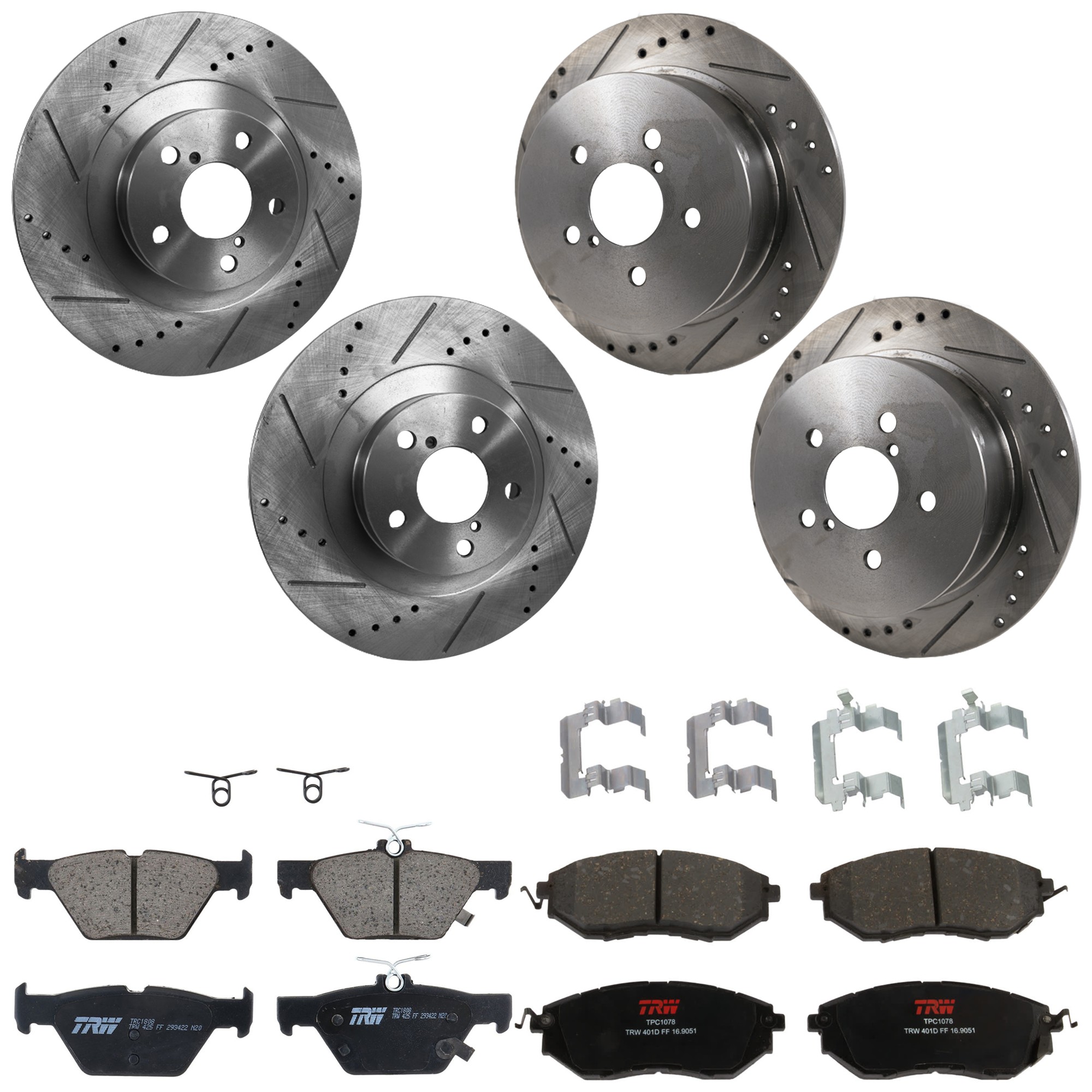 KIT-073024-9644 4-Wheel Set Front and Rear Brake Disc and Pad Kit, Cross-drilled and Slotted 5 Lugs Front-293.4 mm/Rear-273.81 mm Front-Semi-Metallic/Rear-Ceramic, Includes (4)...