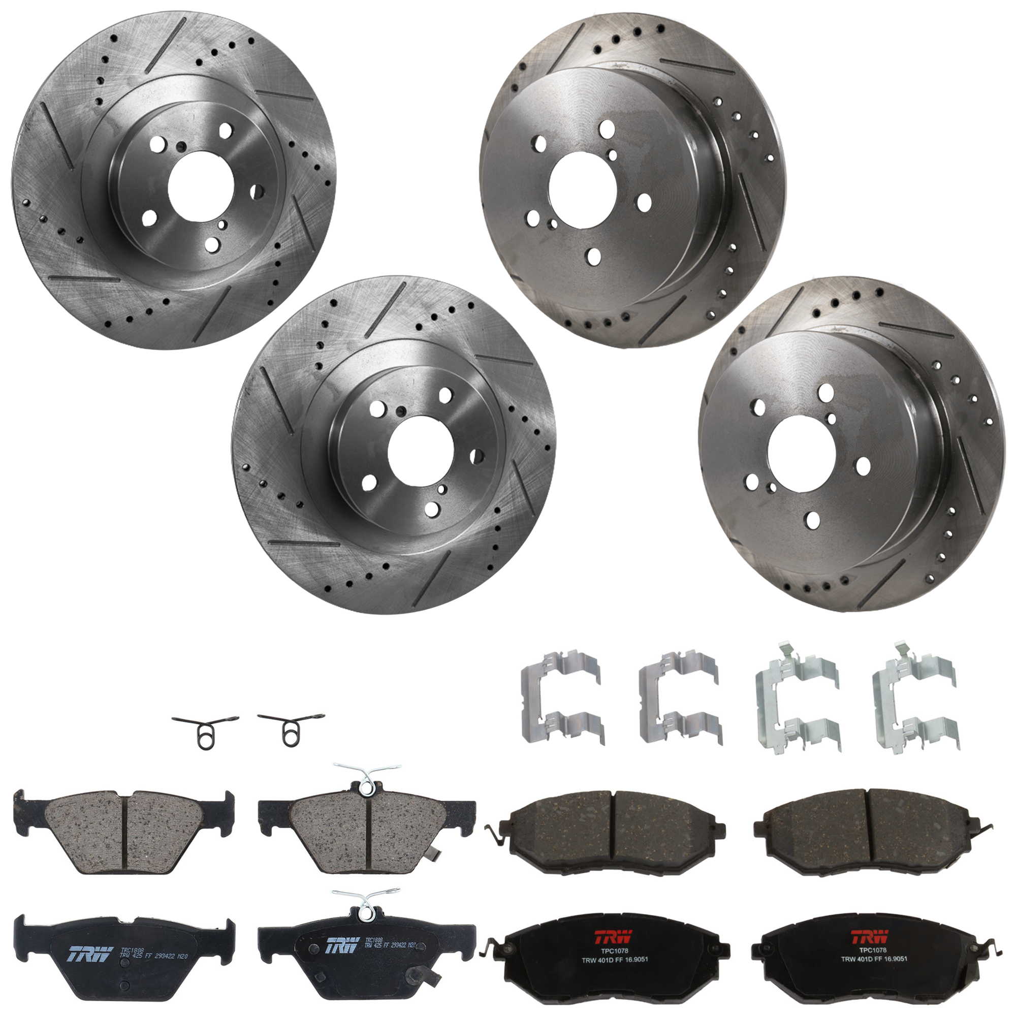 KIT-073024-9644 4-Wheel Set Front and Rear Brake Disc and Pad Kit, Cross-drilled and Slotted 5 Lugs Front-293.4 mm/Rear-273.81 mm Front-Semi-Metallic/Rear-Ceramic, Includes (4)...