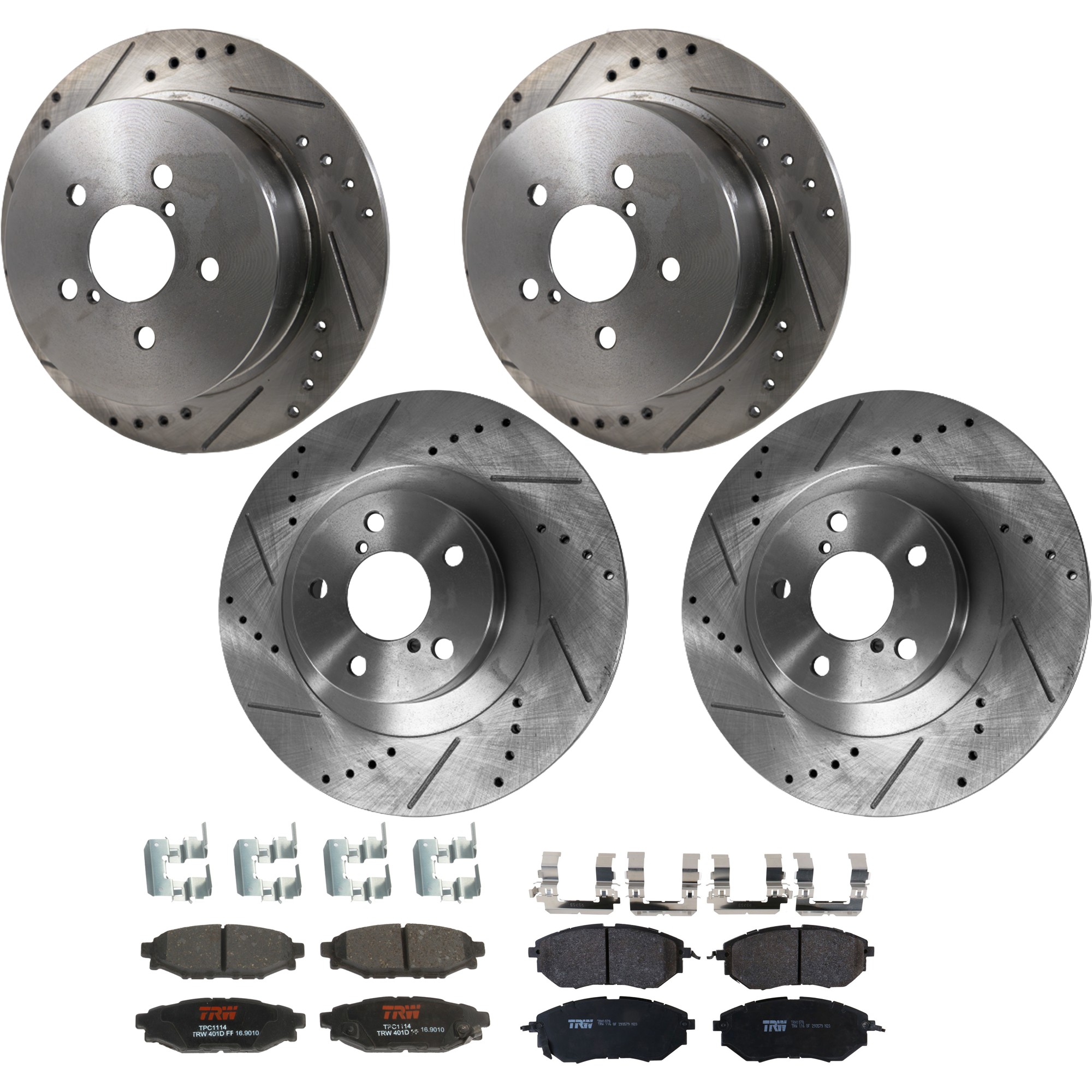 KIT-073024-9648 4-Wheel Set Front and Rear Brake Disc and Pad Kit, Cross-drilled and Slotted 5 Lugs Front-293.4 mm/Rear-273.81 mm Front-Semi-Metallic/Rear-Ceramic, Includes (4)...