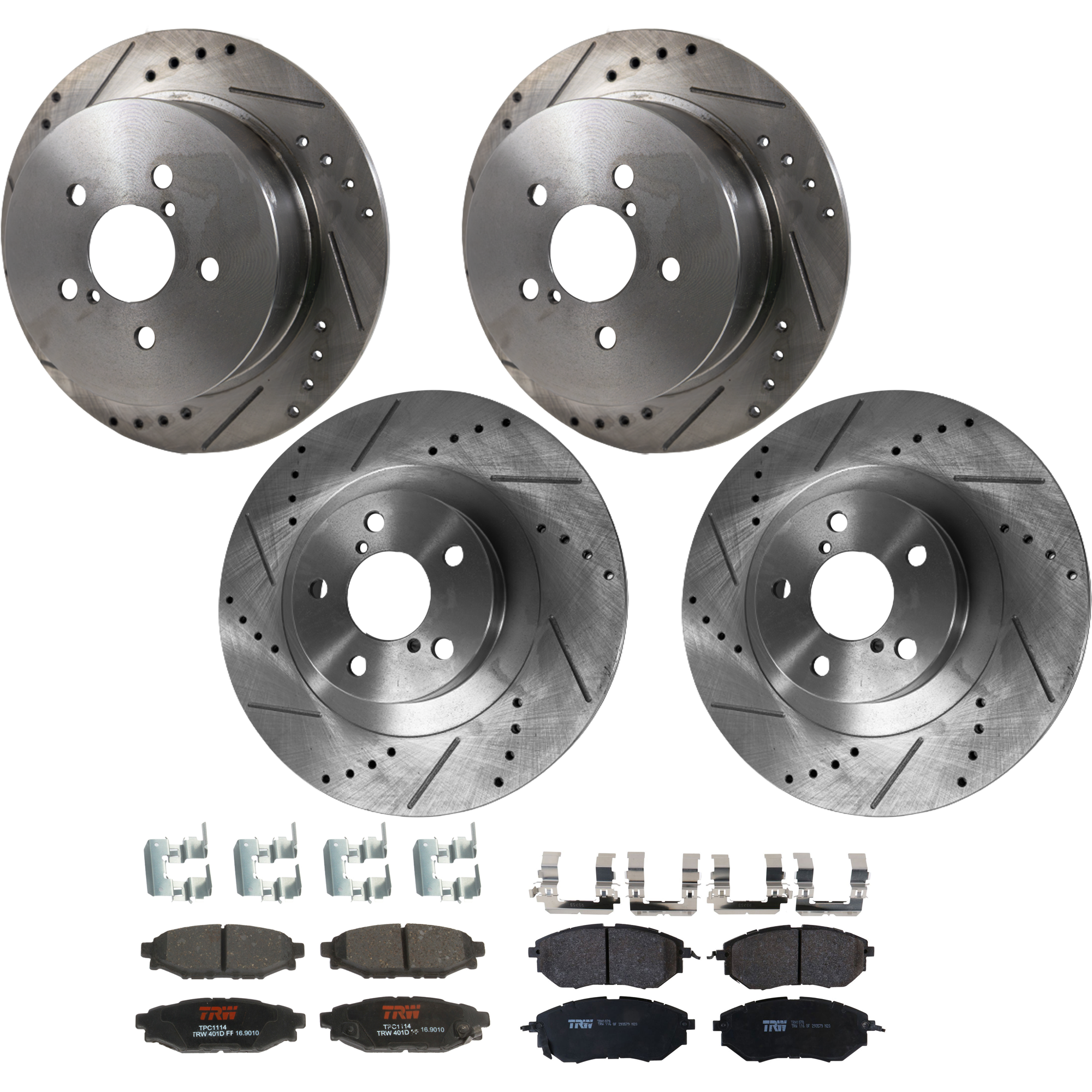 KIT-073024-9648 4-Wheel Set Front and Rear Brake Disc and Pad Kit, Cross-drilled and Slotted 5 Lugs Front-293.4 mm/Rear-273.81 mm Front-Semi-Metallic/Rear-Ceramic, Includes (4)...