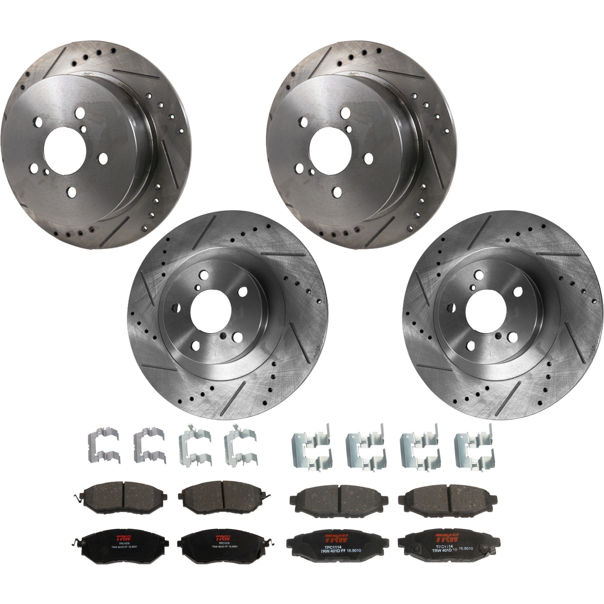 KIT-073024-9650 4-Wheel Set Front and Rear Brake Disc and Pad Kit, Cross-drilled and Slotted 5 Lugs Front-293.4 mm/Rear-273.81 mm Front-Semi-Metallic/Rear-Ceramic, Includes (4)...