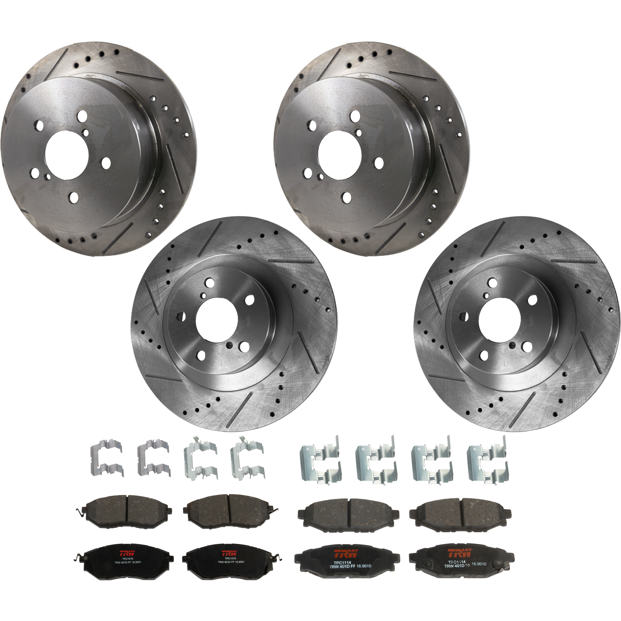 KIT-073024-9650 4-Wheel Set Front and Rear Brake Disc and Pad Kit, Cross-drilled and Slotted 5 Lugs Front-293.4 mm/Rear-273.81 mm Front-Semi-Metallic/Rear-Ceramic, Includes (4)...