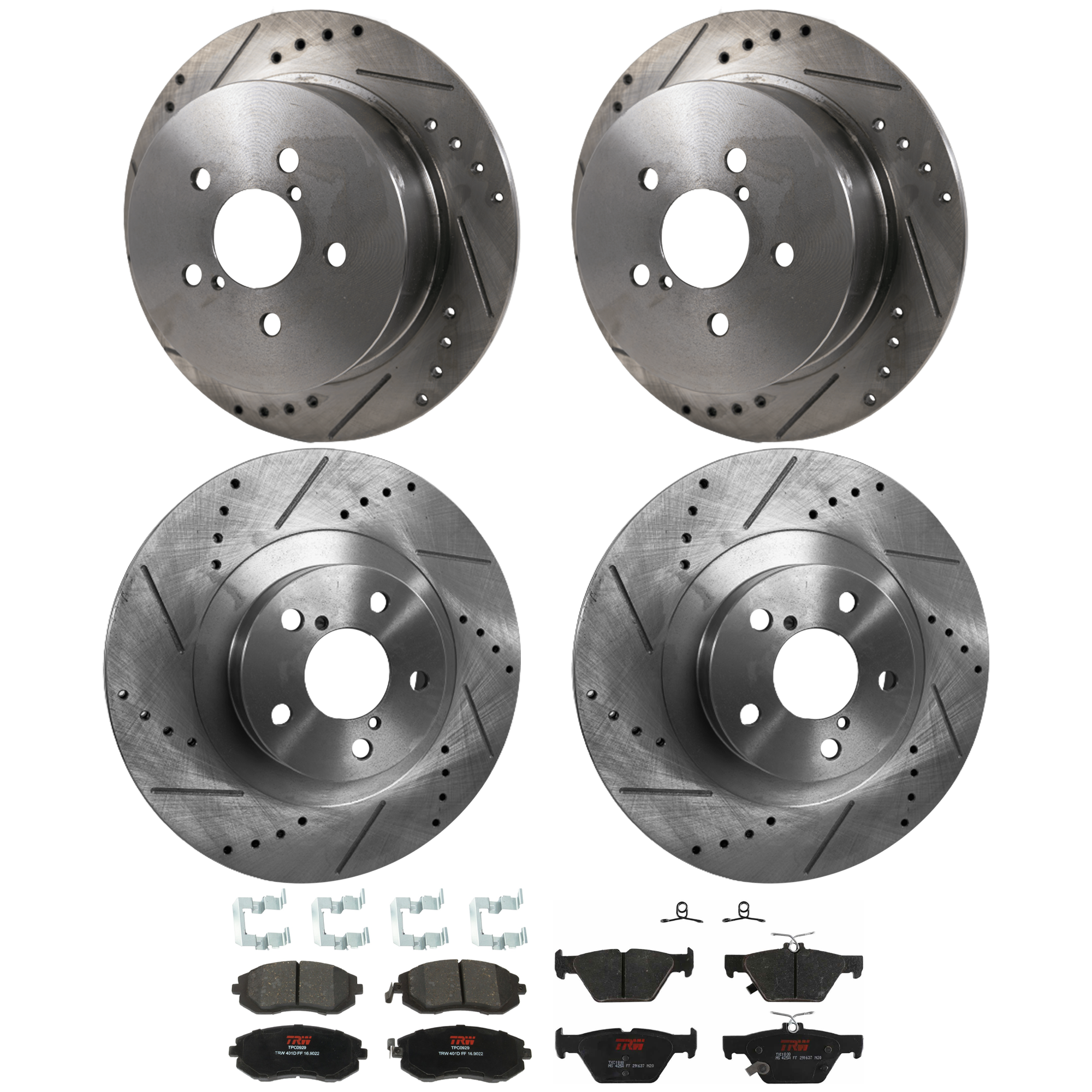 KIT-073024-9655 4-Wheel Set Front and Rear Brake Disc and Pad Kit, Cross-drilled and Slotted 5 Lugs Front-293.4 mm/Rear-273.81 mm Ceramic, Includes (4) Disc and (2) Pad Set