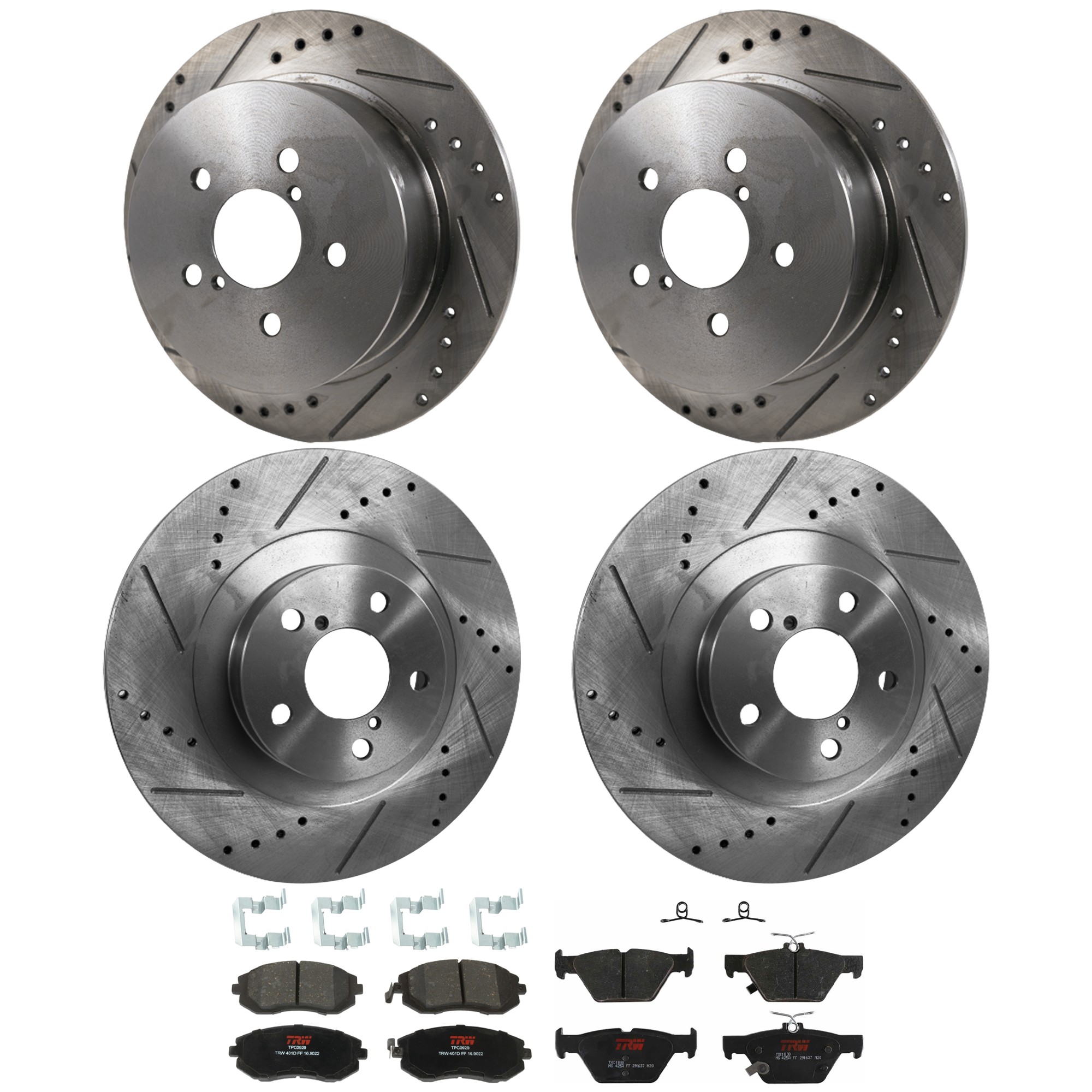 KIT-073024-9655 4-Wheel Set Front and Rear Brake Disc and Pad Kit, Cross-drilled and Slotted 5 Lugs Front-293.4 mm/Rear-273.81 mm Ceramic, Includes (4) Disc and (2) Pad Set