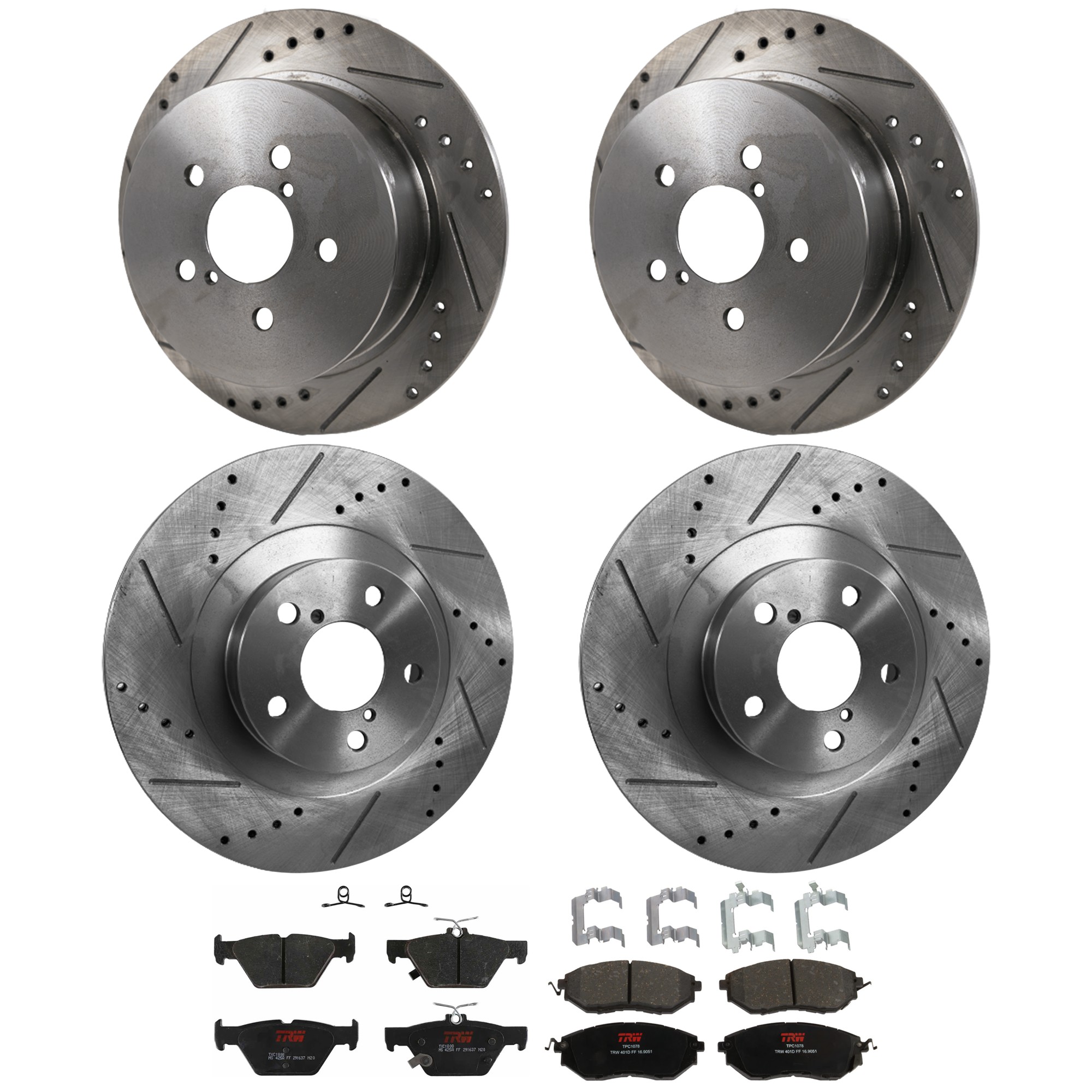 KIT-073024-9656 4-Wheel Set Front and Rear Brake Disc and Pad Kit, Cross-drilled and Slotted 5 Lugs Front-293.4 mm/Rear-273.81 mm Front-Semi-Metallic/Rear-Ceramic, Includes (4)...