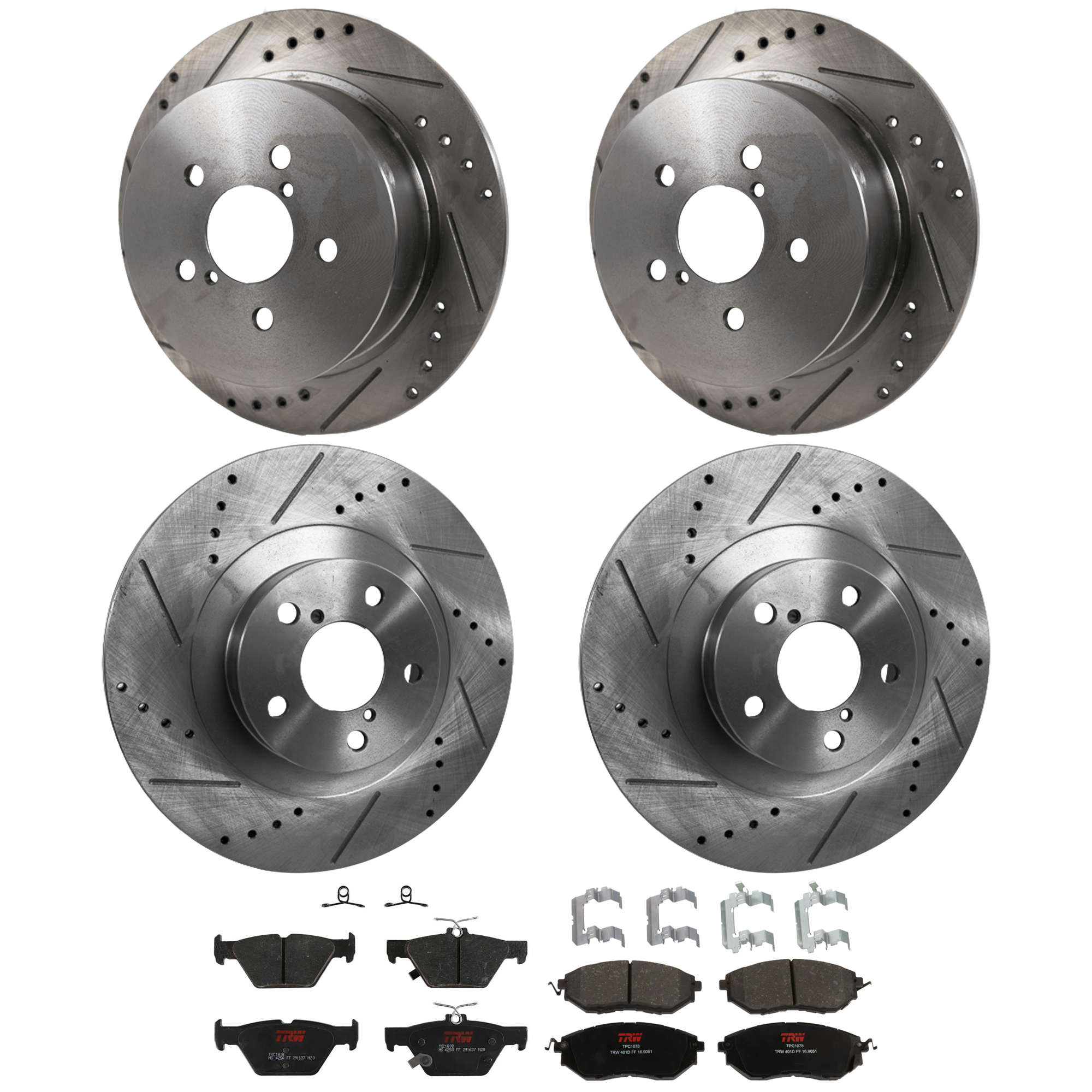 KIT-073024-9656 4-Wheel Set Front and Rear Brake Disc and Pad Kit, Cross-drilled and Slotted 5 Lugs Front-293.4 mm/Rear-273.81 mm Front-Semi-Metallic/Rear-Ceramic, Includes (4)...