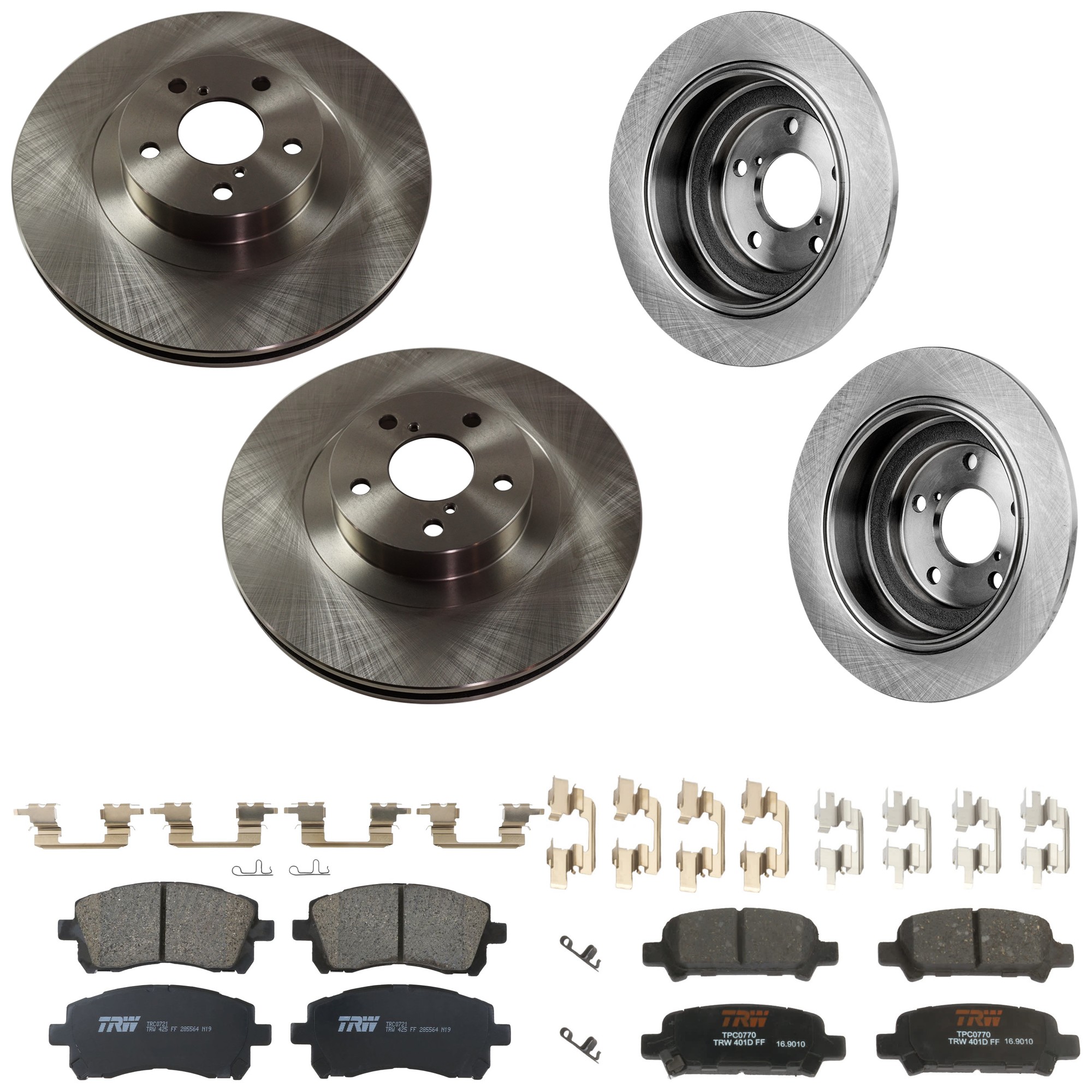 KIT-073024-9693 4-Wheel Set Front and Rear Brake Disc and Pad Kit, Plain Surface 5 Lugs Front-293.62 mm/Rear-265.43 mm Ceramic, Includes (2) Brake Pad Set and (4) Brake Disc
