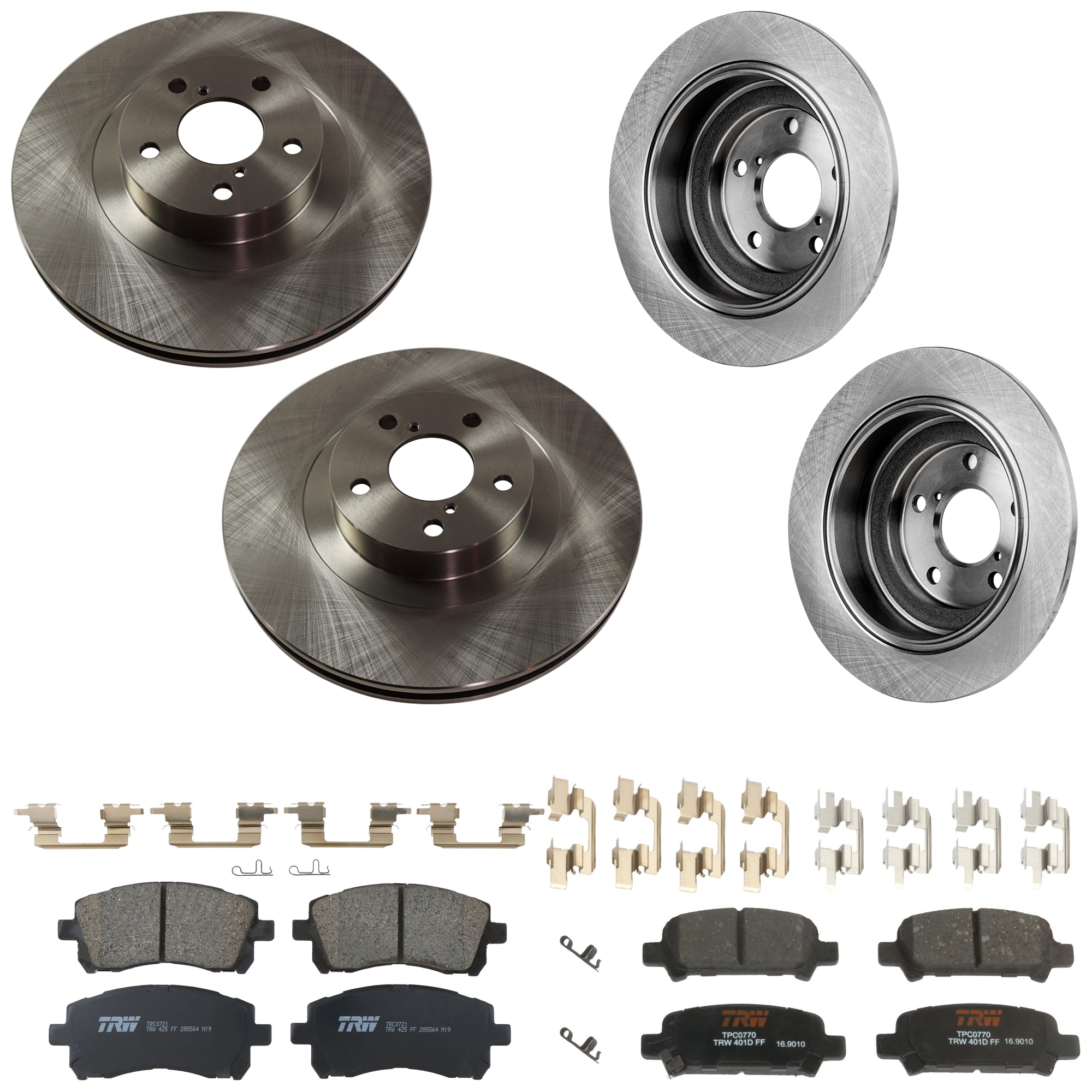 KIT-073024-9693 4-Wheel Set Front and Rear Brake Disc and Pad Kit, Plain Surface 5 Lugs Front-293.62 mm/Rear-265.43 mm Ceramic, Includes (2) Brake Pad Set and (4) Brake Disc