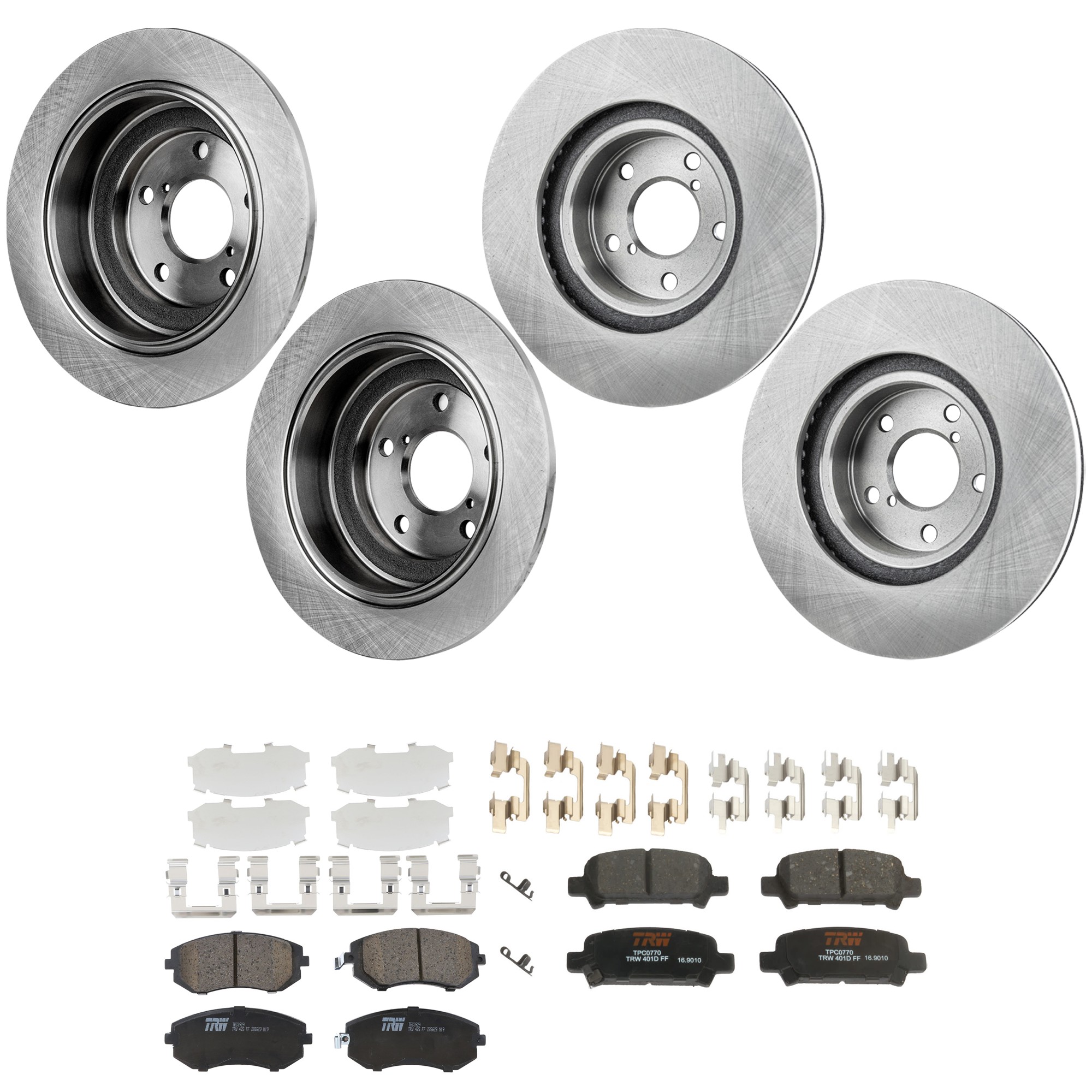 KIT-073024-9701 4-Wheel Set Front and Rear Brake Disc and Pad Kit, Plain Surface 5 Lugs Front-276.86 mm/Rear-265.43 mm Ceramic, Includes (2) Brake Pad Set and (4) Brake Disc