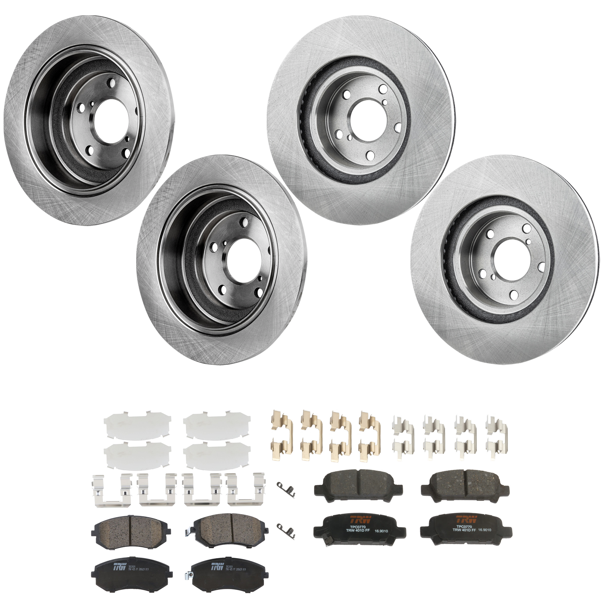 KIT-073024-9701 4-Wheel Set Front and Rear Brake Disc and Pad Kit, Plain Surface 5 Lugs Front-276.86 mm/Rear-265.43 mm Ceramic, Includes (2) Brake Pad Set and (4) Brake Disc