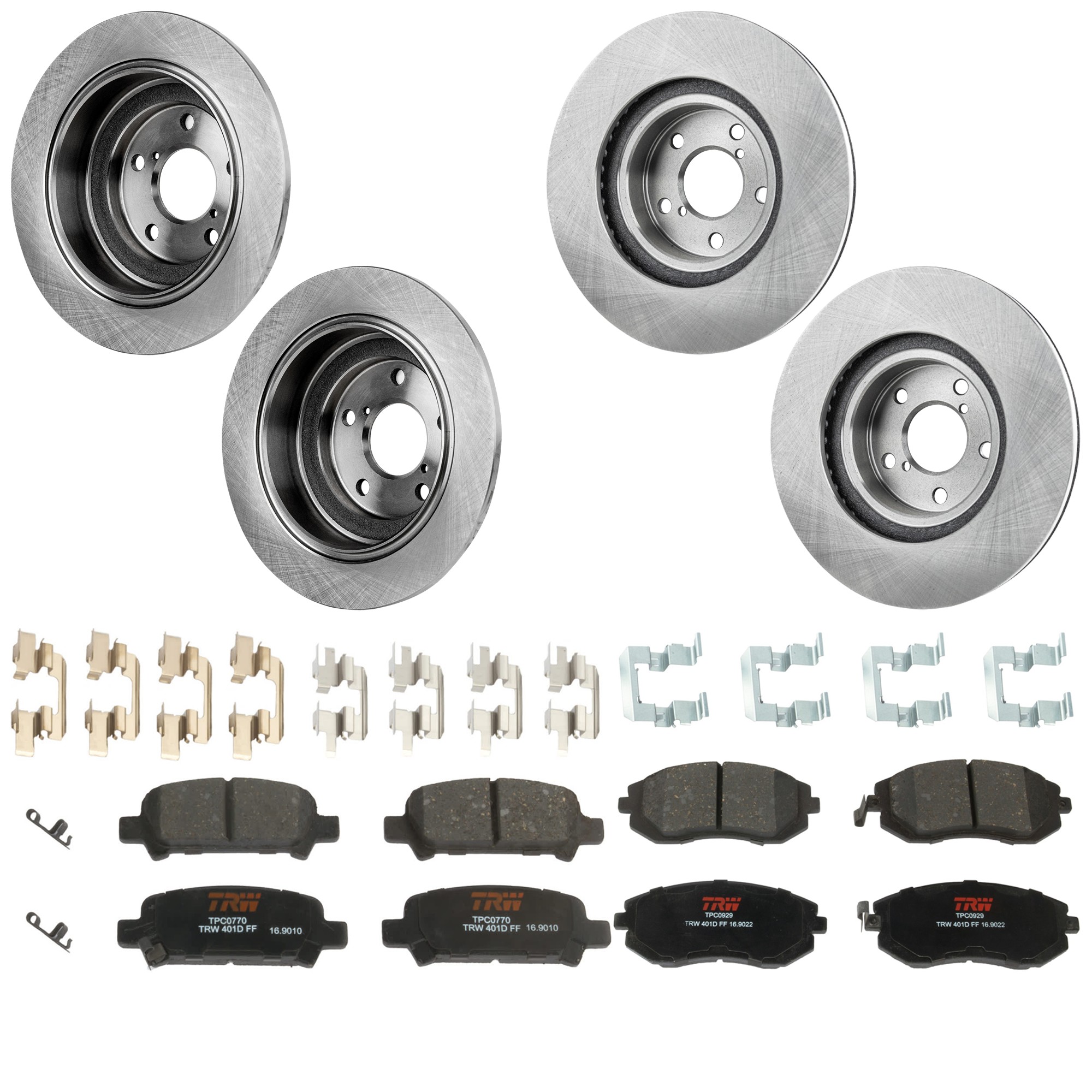 KIT-073024-9702 4-Wheel Set Front and Rear Brake Disc and Pad Kit, Plain Surface 5 Lugs Front-276.86 mm/Rear-265.43 mm Ceramic, Includes (2) Brake Pad Set and (4) Brake Disc